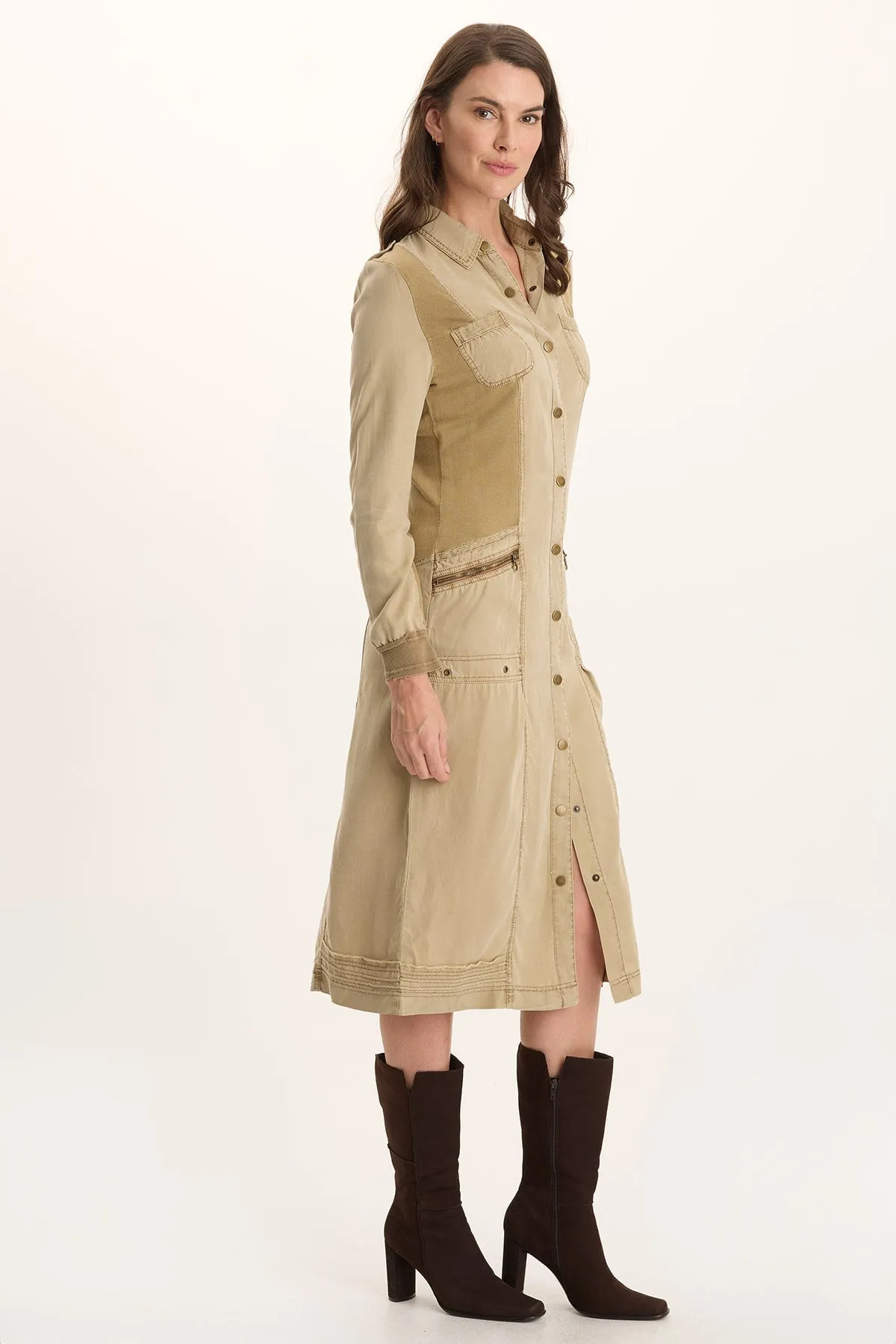 Pure Cotton Strong Glow Oksana Twill/Jersey Snap-Up Midi Dress
