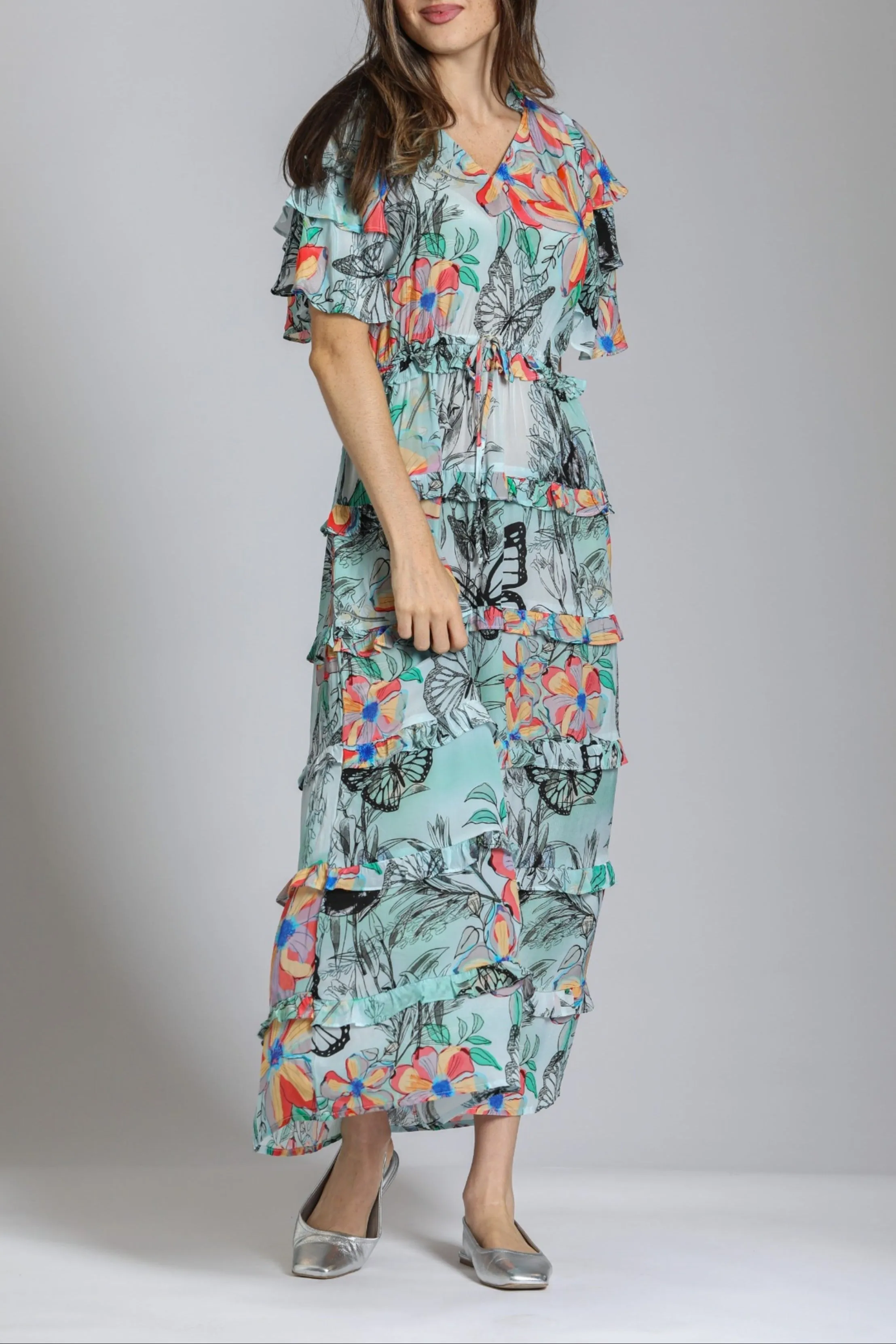 Adjustable Drawcord Ruffle & Tiered Maxi Dress