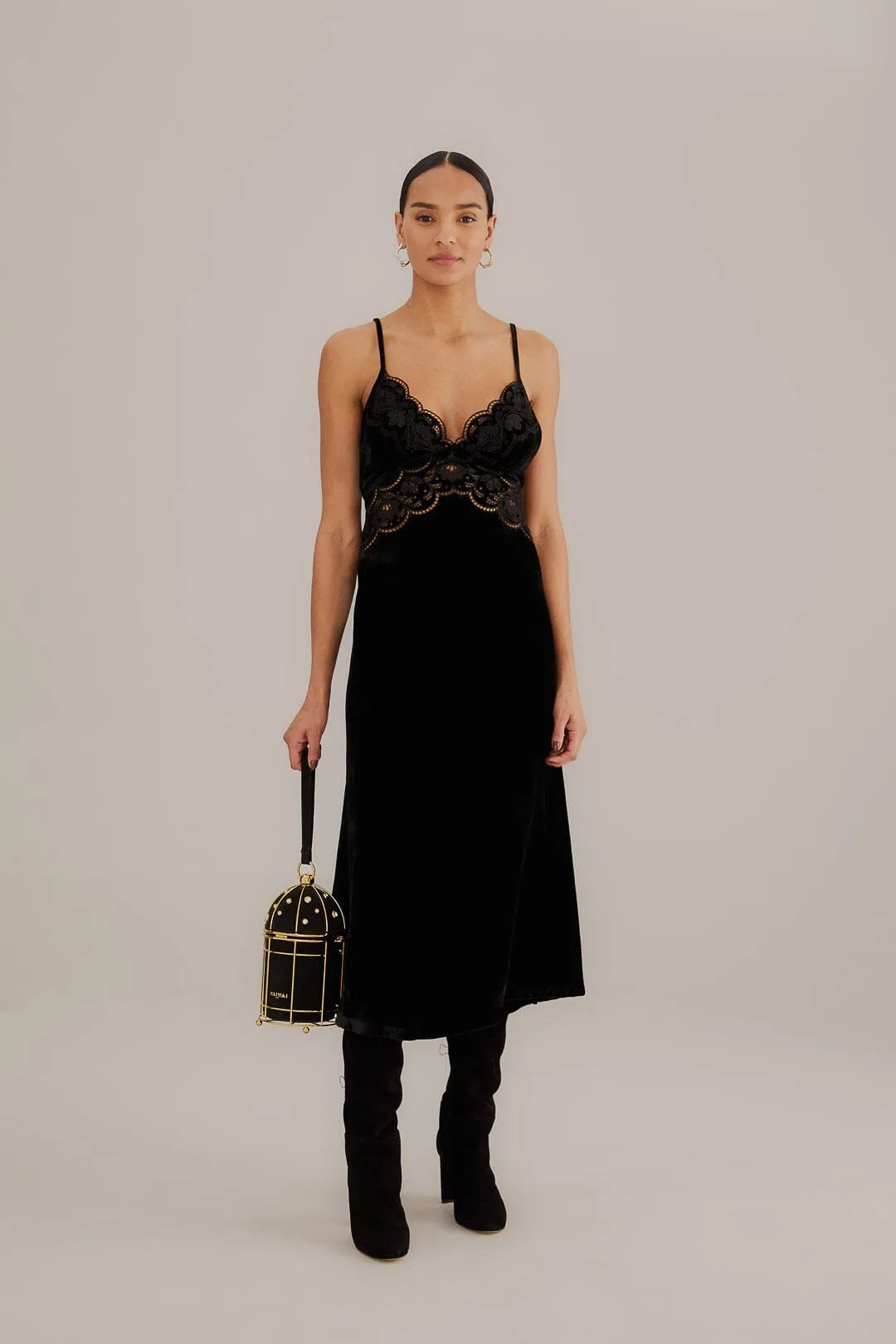 Black Richelieu Velvet Slip Dress Quick Layer Daywear Option