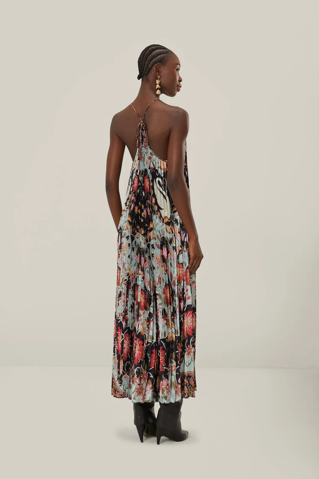 Wardrobe Staple Blue Flowing Beauty Pleated Sleeveless Midi Dress