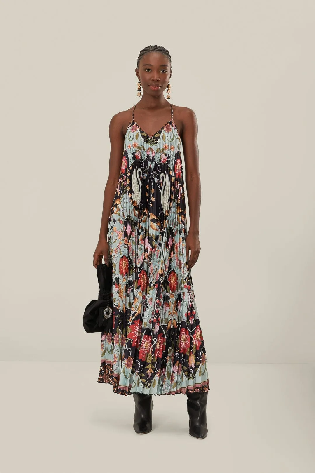 Blue Flowing Beauty Pleated Sleeveless Midi Dress Easy Fit