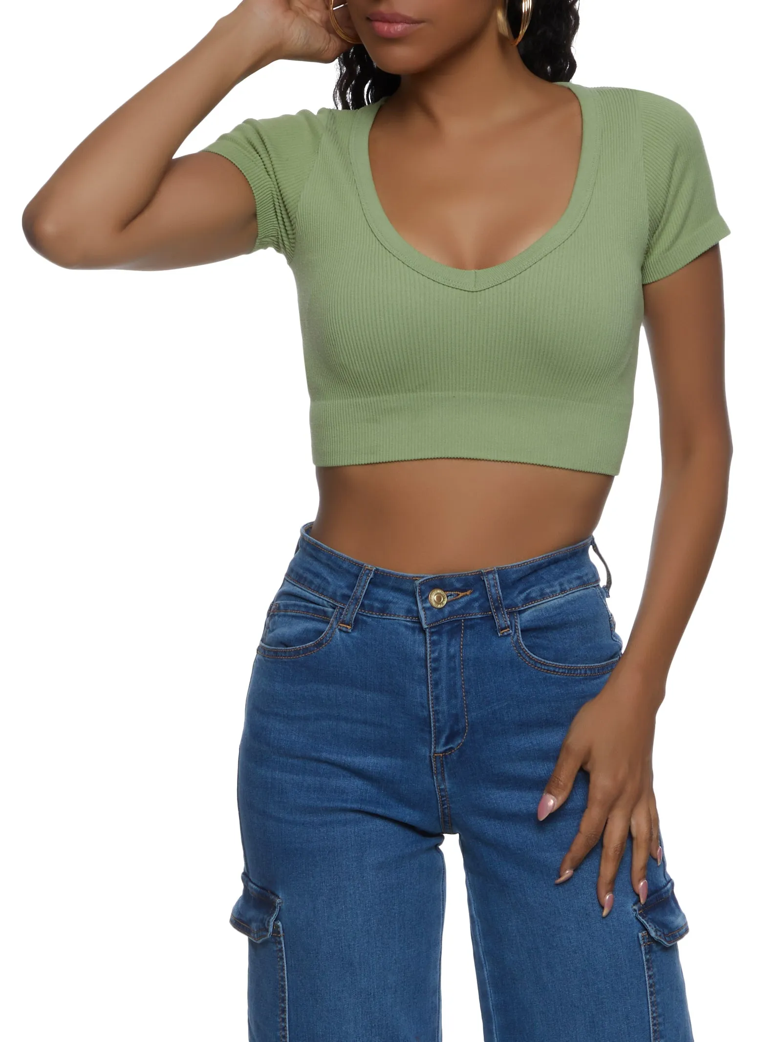 Seamless Ribbed V Neck Crop Top Fresh Trend