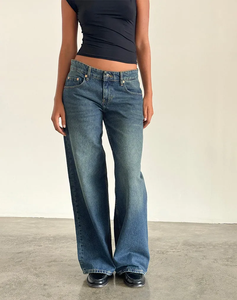 Roomy Extra Wide Low Rise Jeans in Bright Blue Layered Hem Details