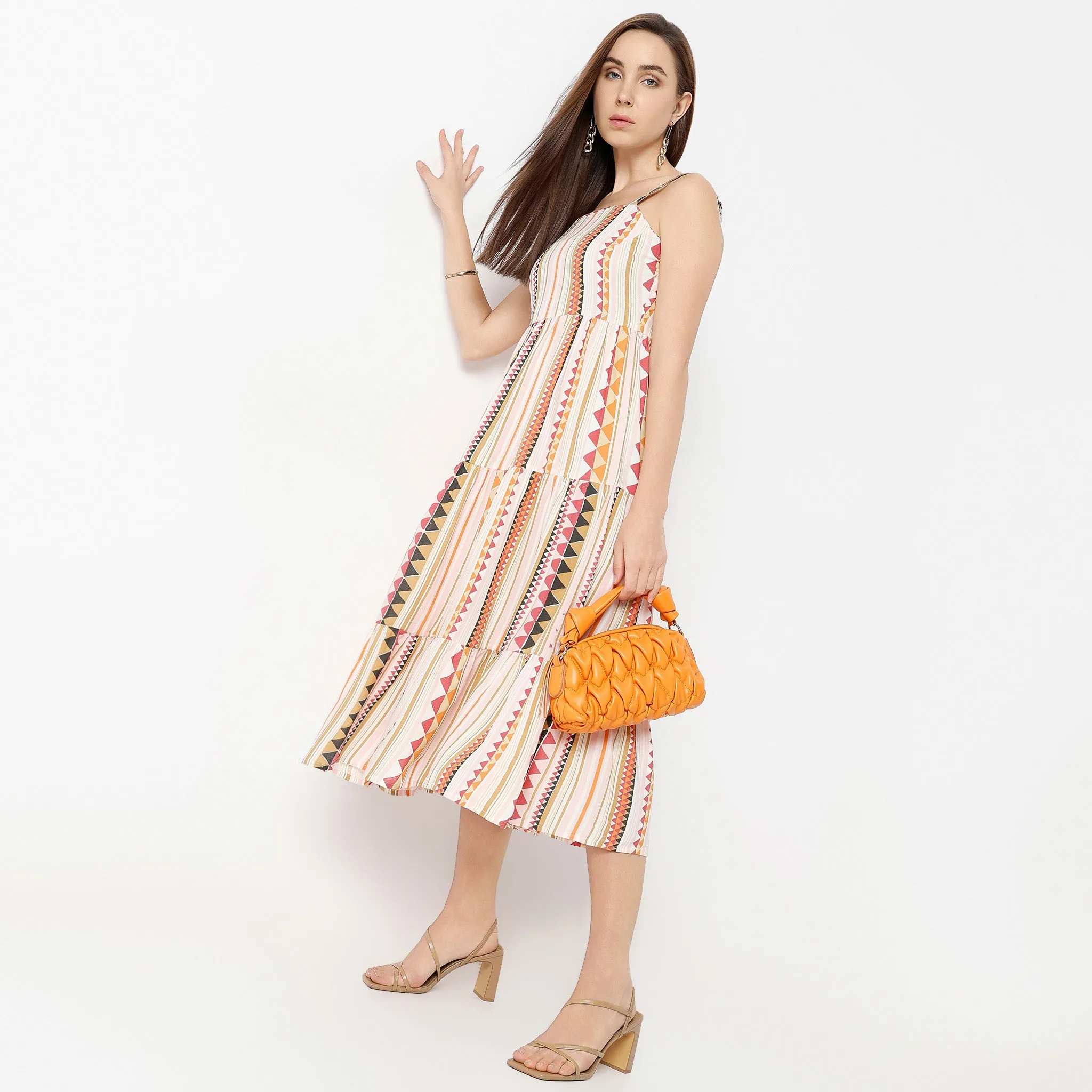 Square Neck Calf Length Sleeveless Flare Fit Printed Strap Dress OdorControl Technology WrinkleFree Material