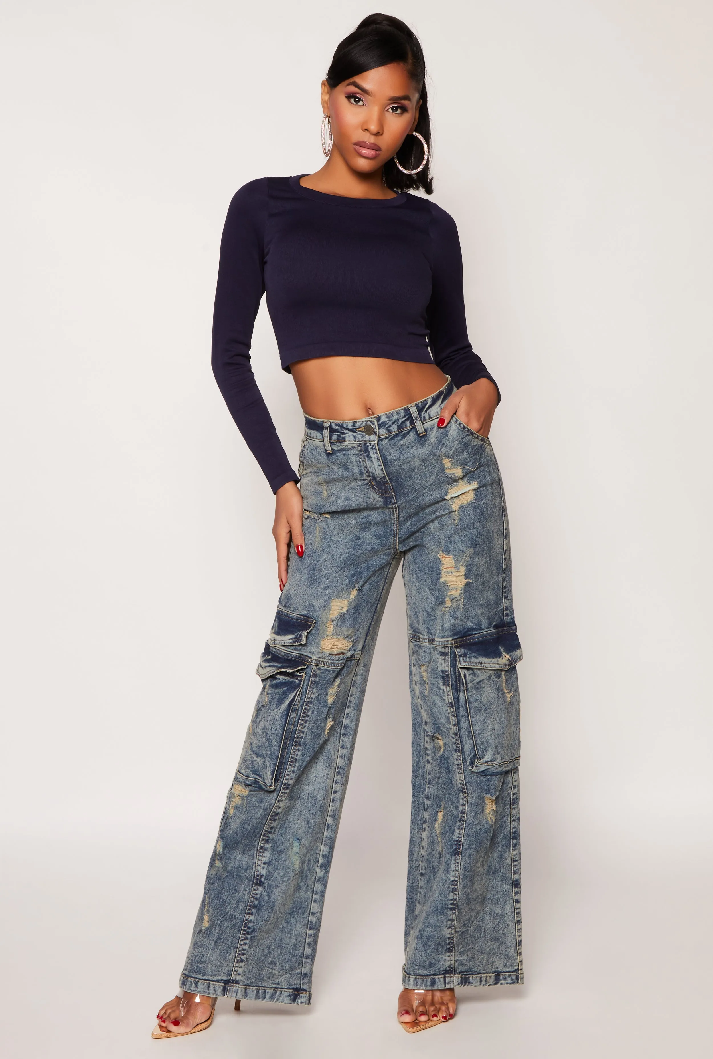 Seamless Ribbed Knit Crew Neck Crop Top Travel Outfit UV protection layer