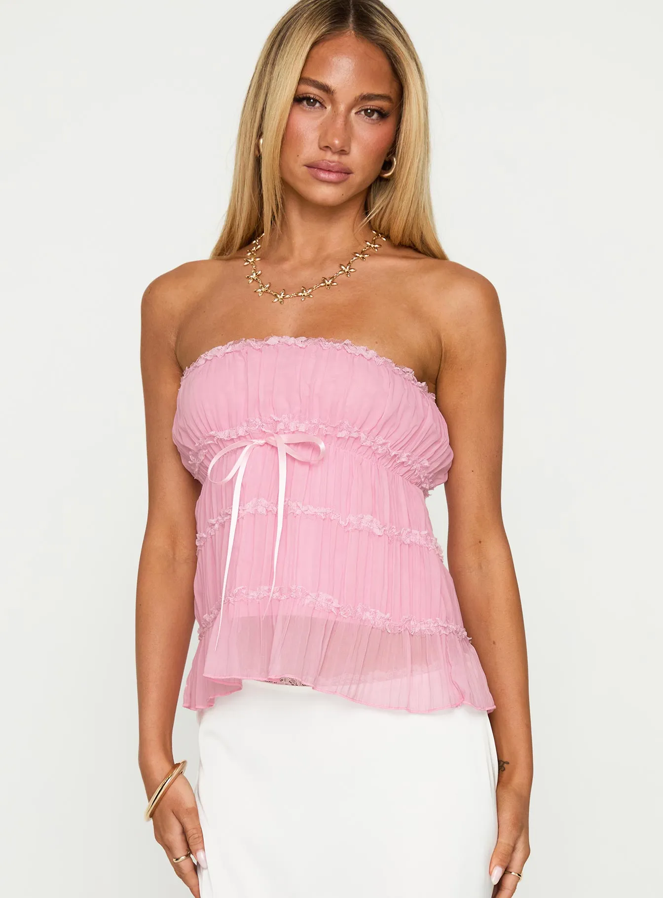 Avelina Strapless Top Pink Silicone Print Detail Heather Effect Finish