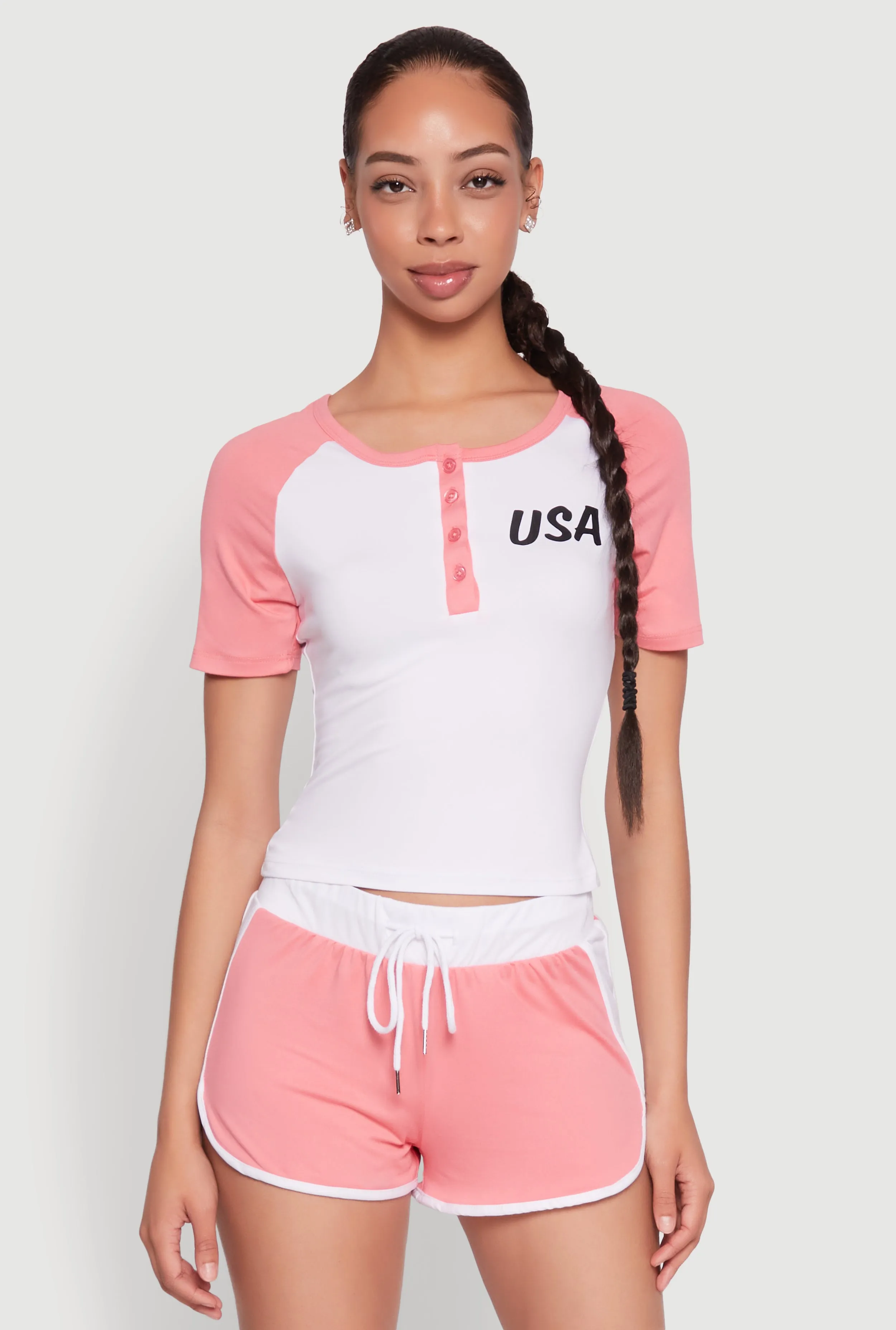 NeutralTonesCollection Color Block USA Graphic Baseball Tee