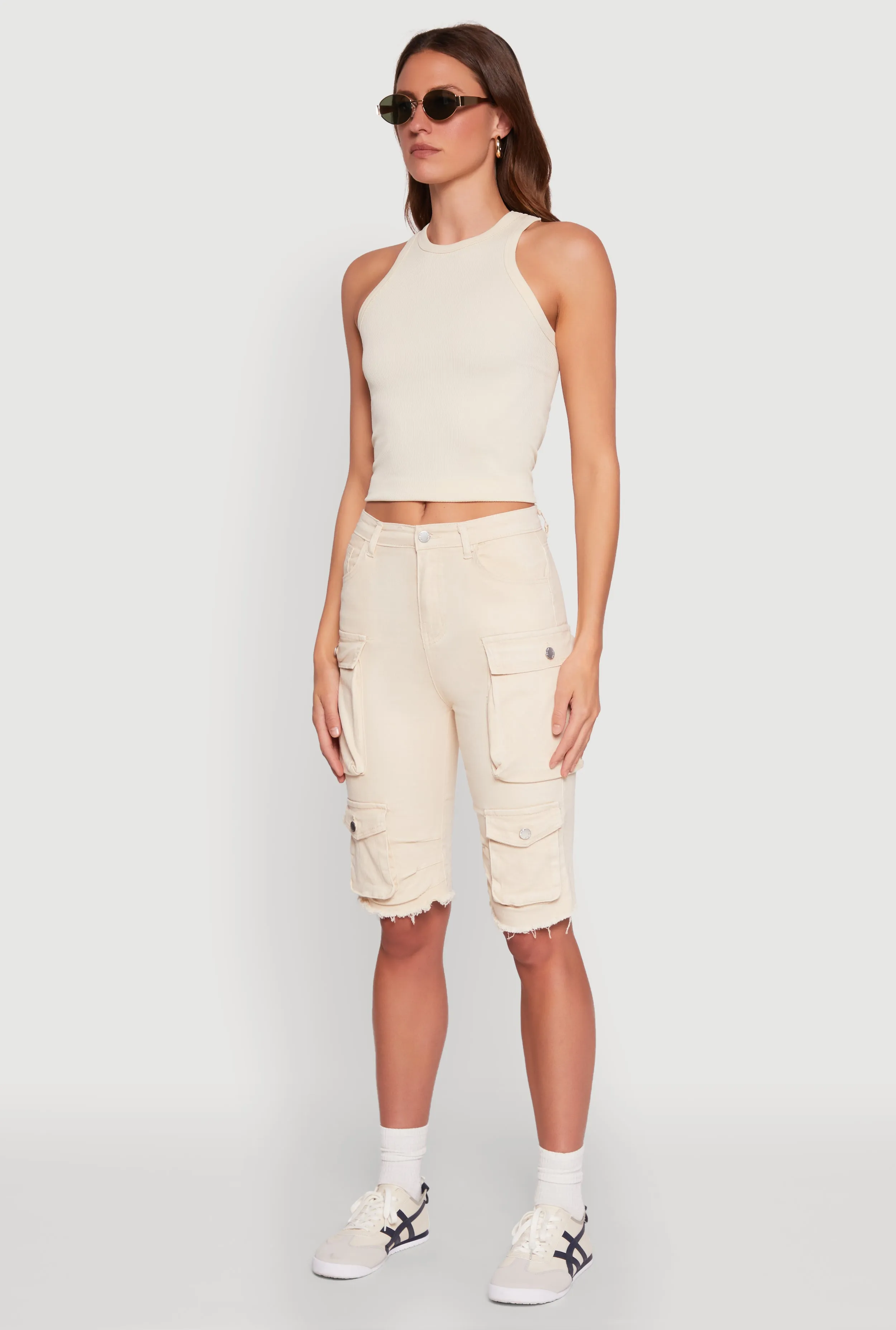 On Trend Daisy Acid Wash Raw Hem Utility Bermuda Shorts