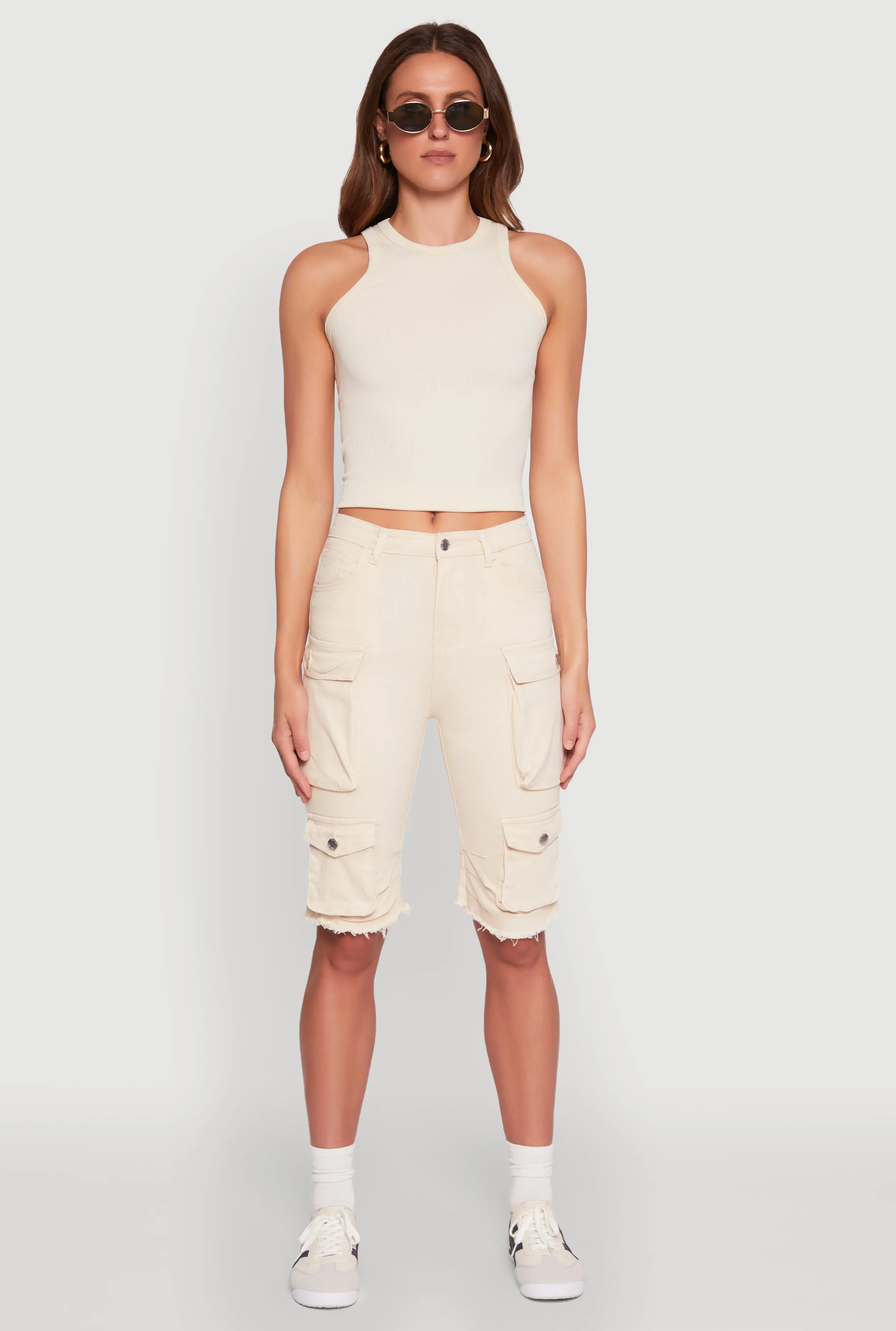 Cross Ventilation Channels Unique Piece Daisy Acid Wash Raw Hem Utility Bermuda Shorts