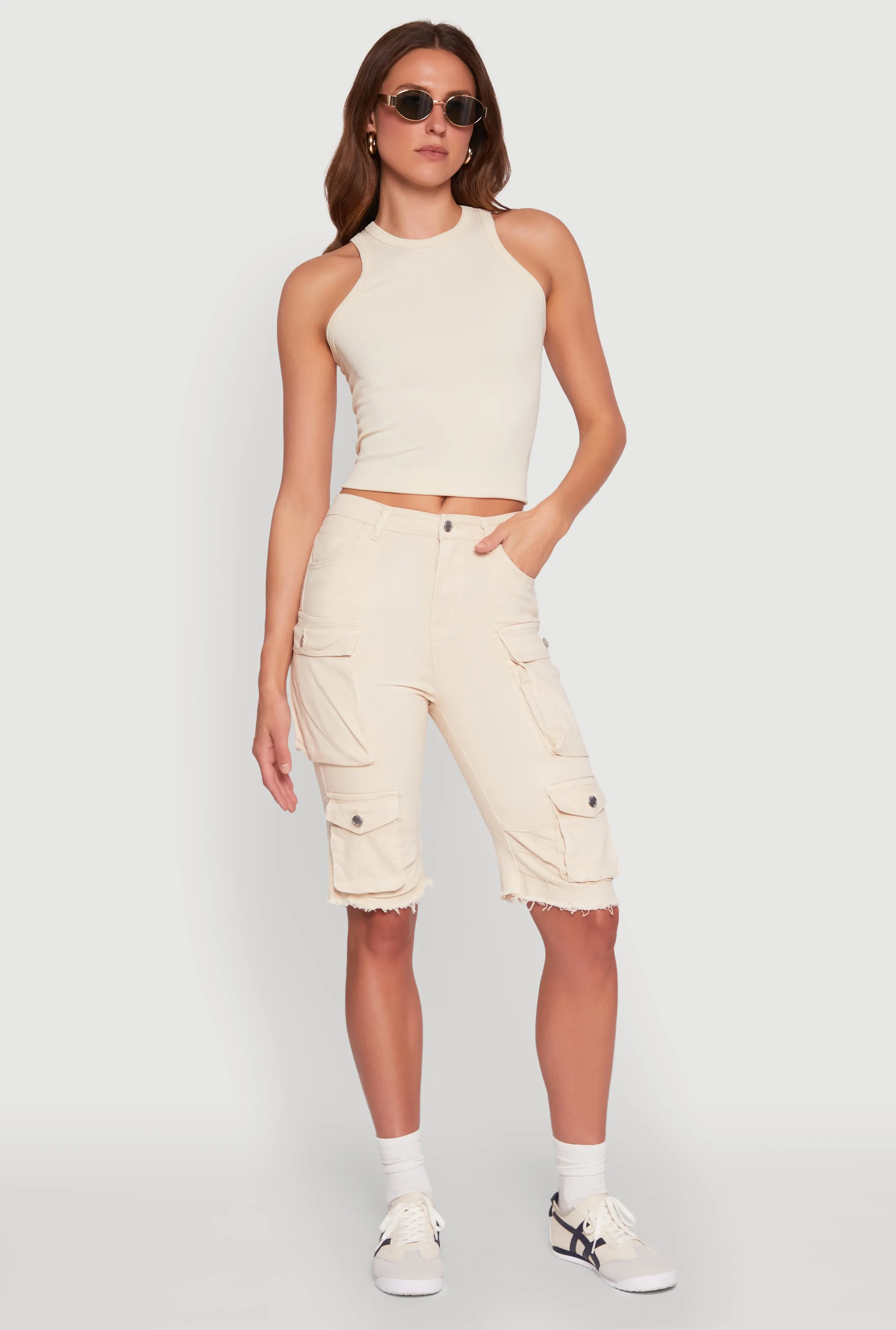 Daisy Acid Wash Raw Hem Utility Bermuda Shorts DurableStitching