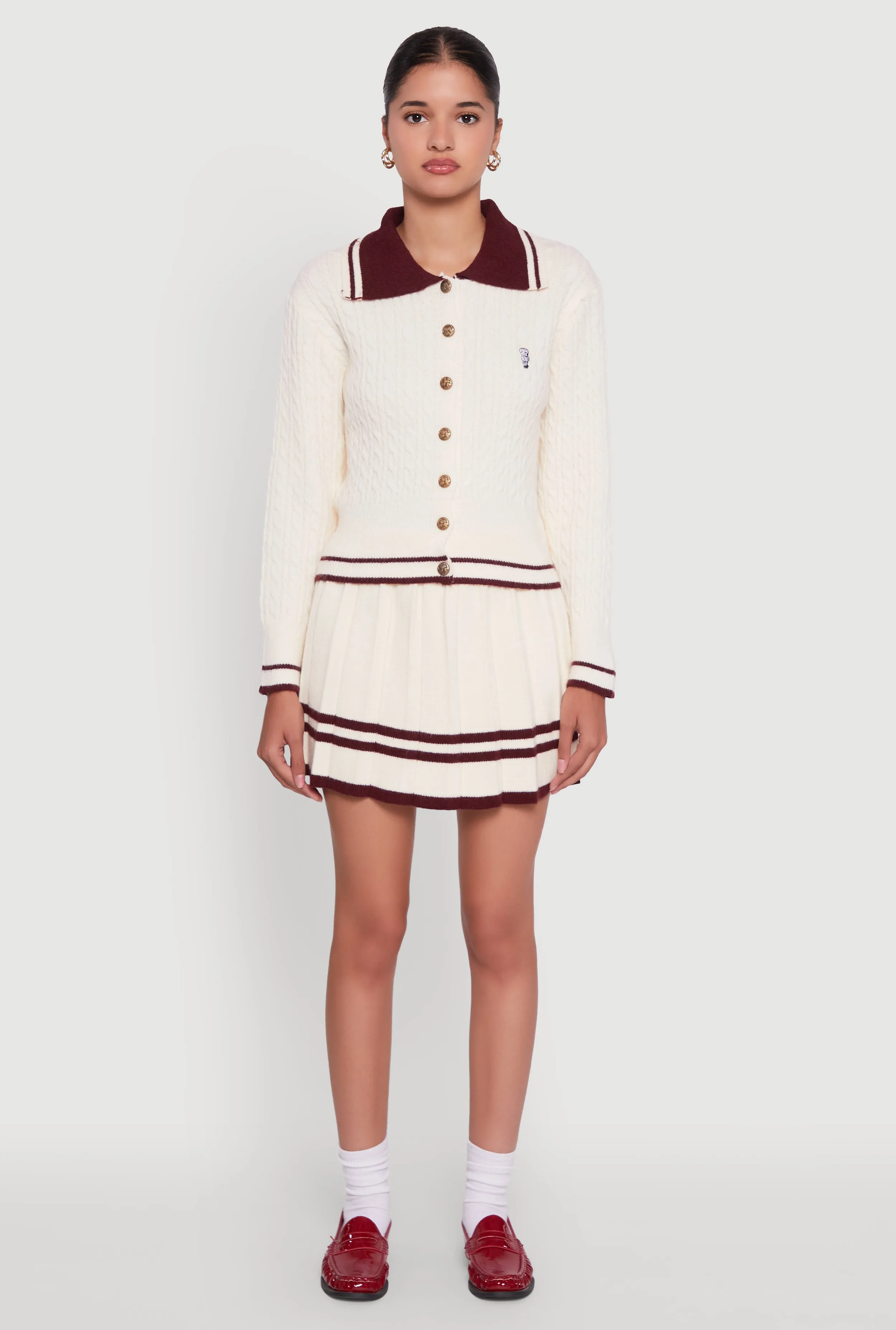 Matte Texture High Waisted Varsity Stripe Pleated Skirt