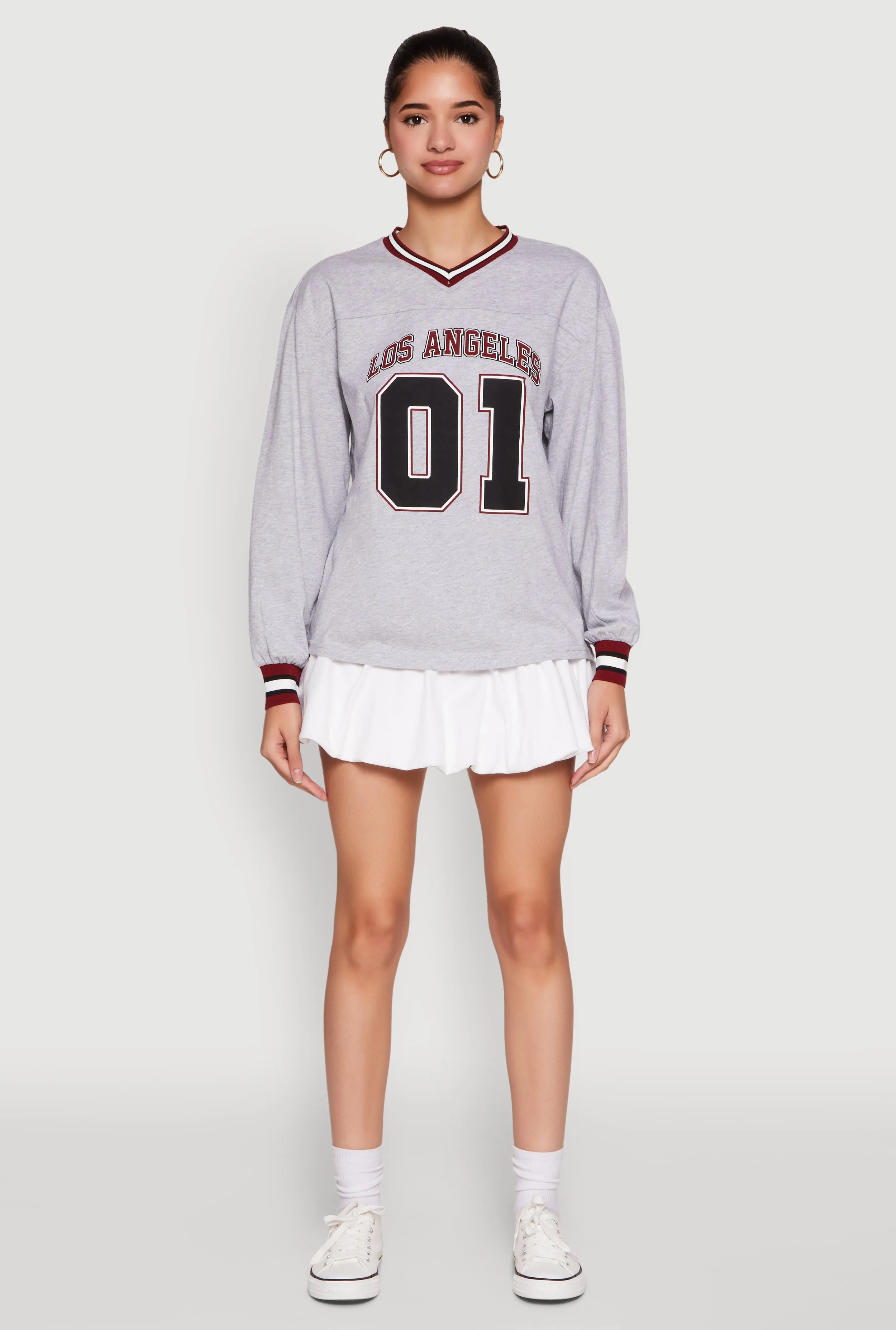 Daily Trend Look Garment Dyed Almost Famous Varsity Graphic Long Sleeve Top