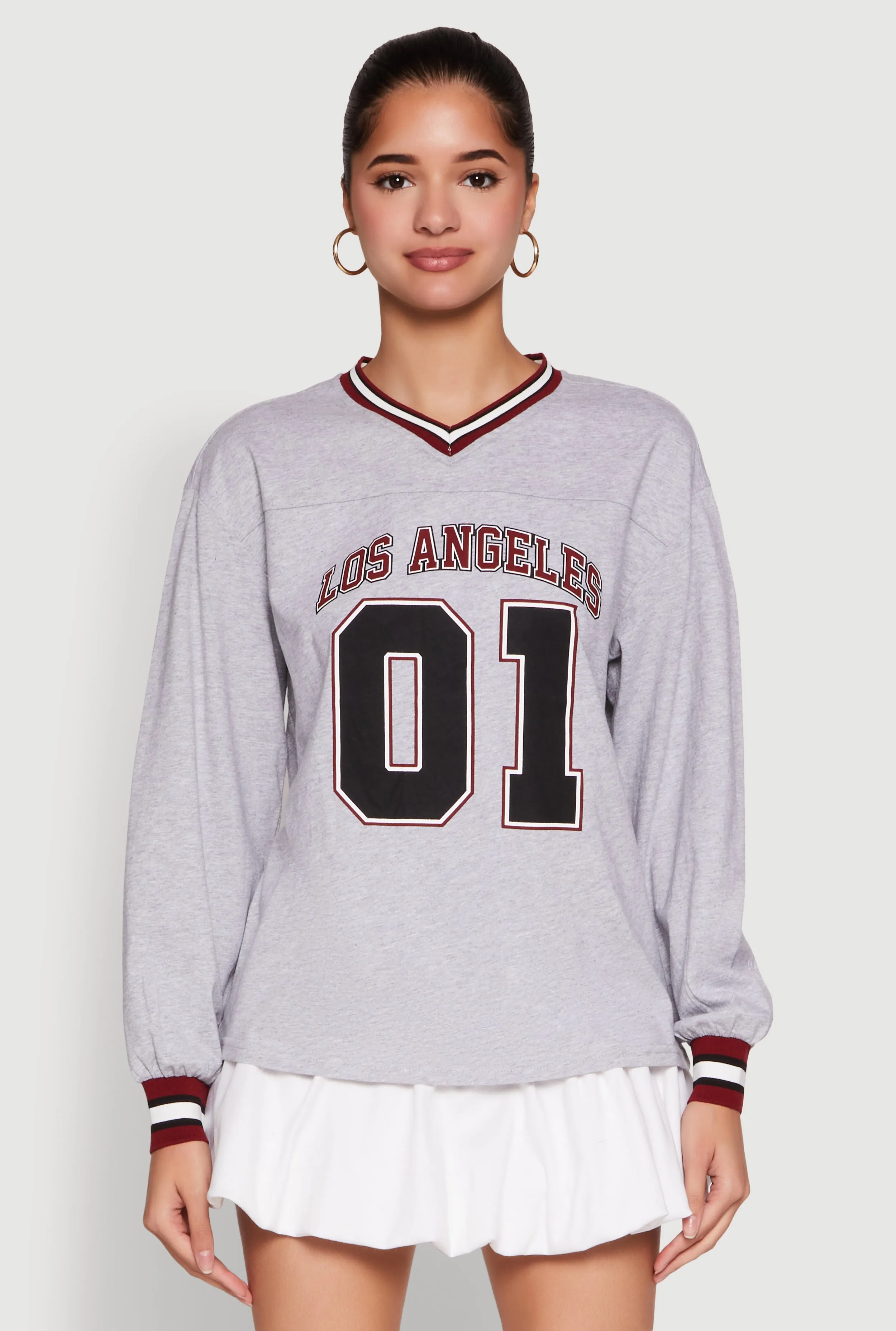Almost Famous Varsity Graphic Long Sleeve Top Collared formality Fun and Relaxed