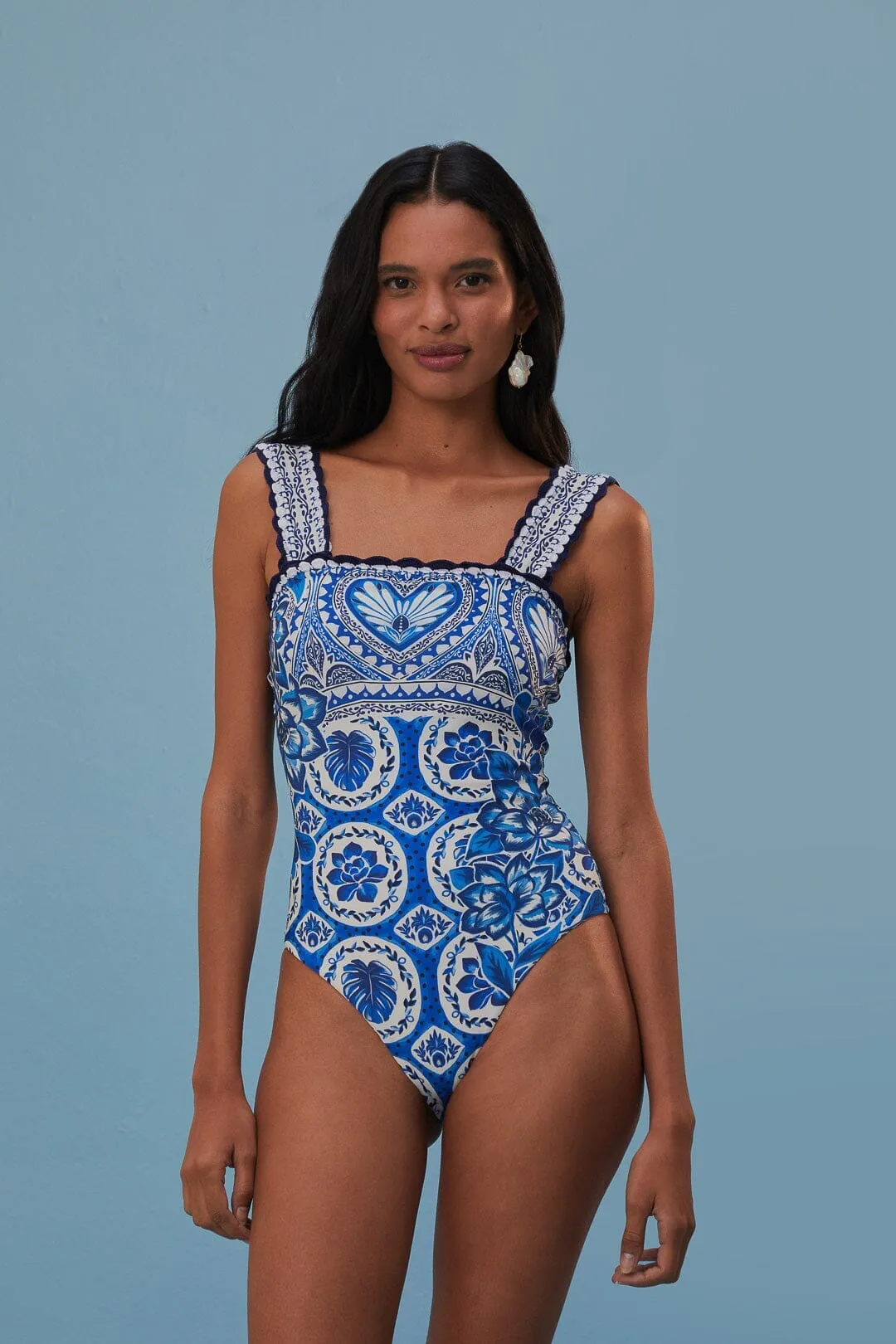 Blue Tile Dream One Piece Swimsuit ribbed texture