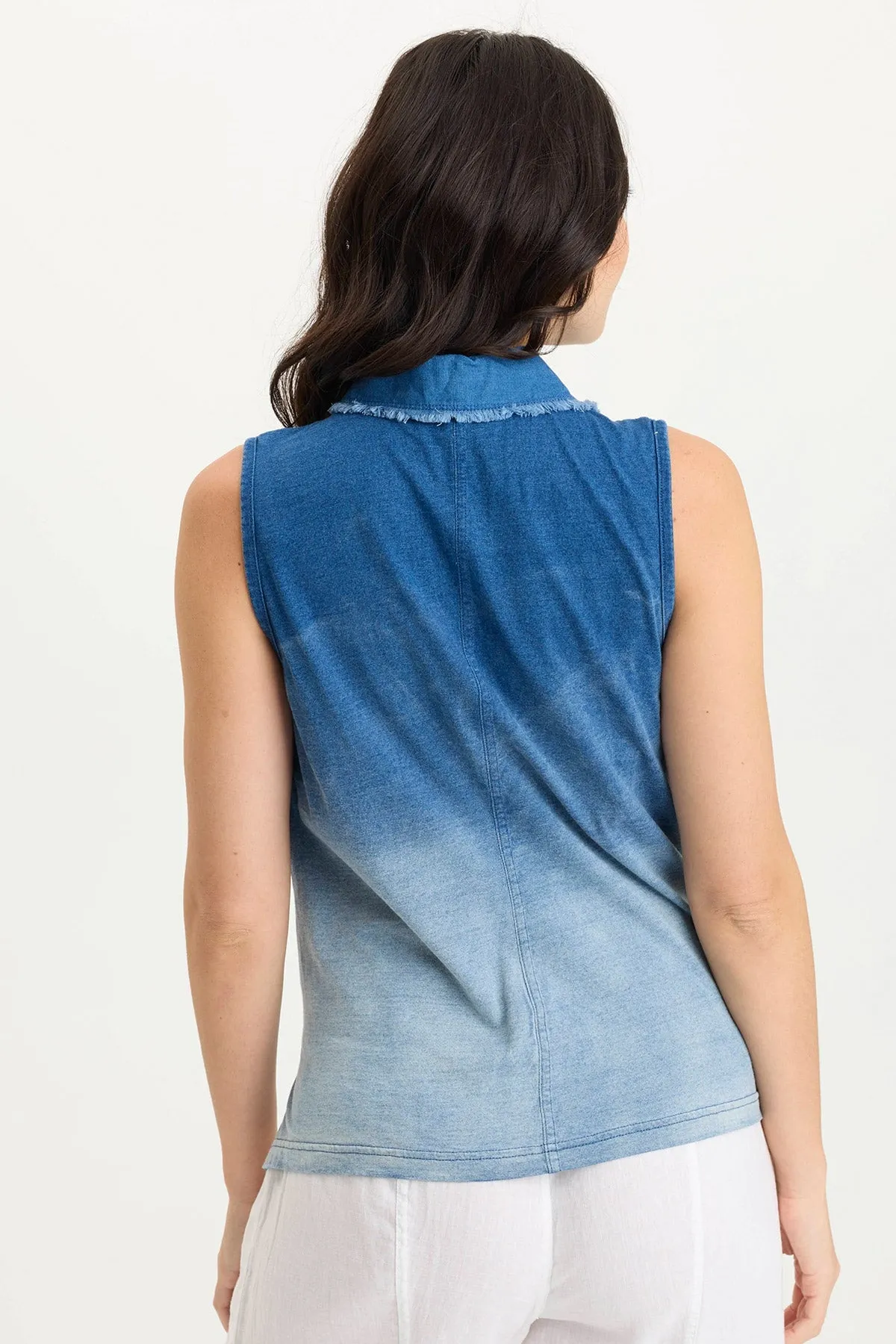 Tague Indigo Twill Knotted High-Low Snap-Up Tank Breathable mesh Rustic Ease