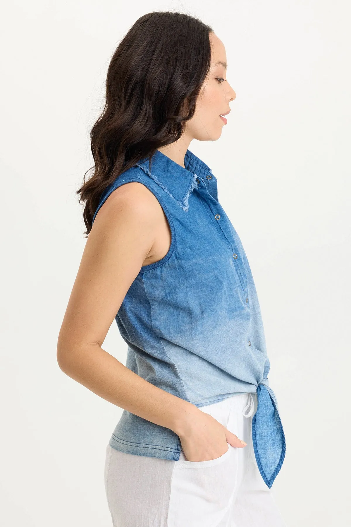 Tague Indigo Twill Knotted High-Low Snap-Up Tank Spark Soul