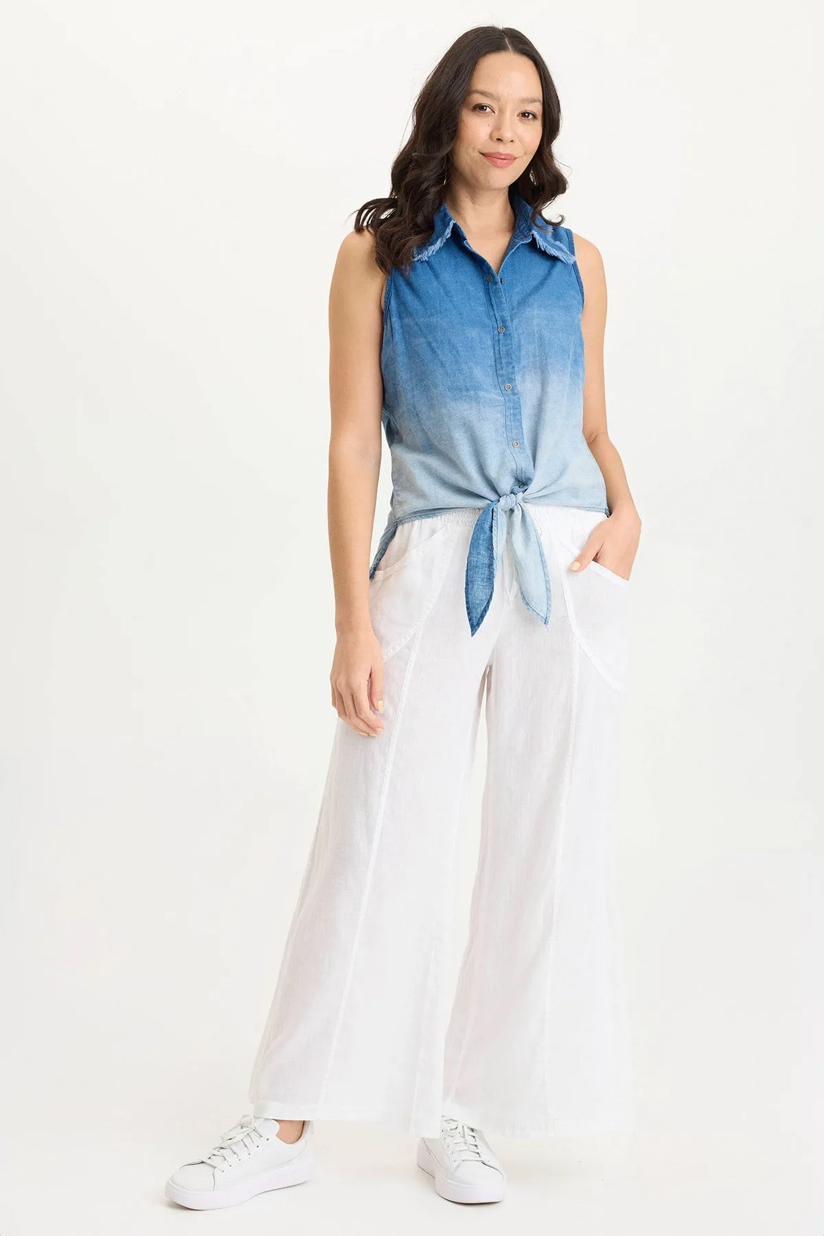 Tague Indigo Twill Knotted High-Low Snap-Up Tank Ethic Core