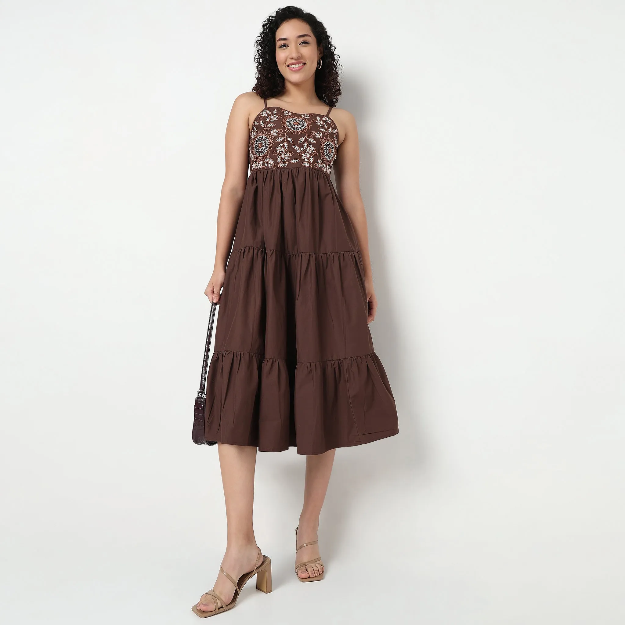 QuickAccess Pockets Embroidered Square Neck Flared Dress