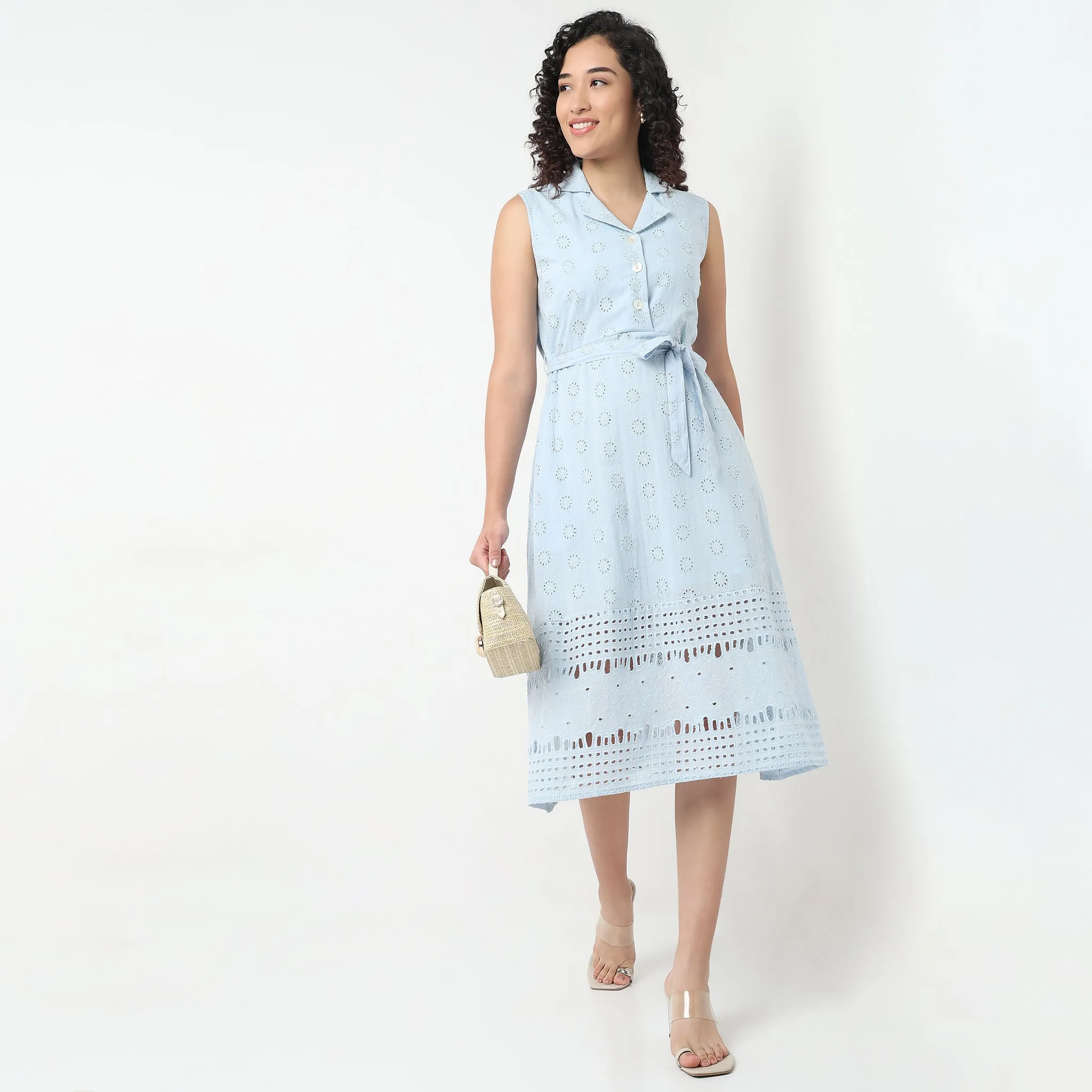 Lapel Collar Schiffli Flared Dress TaglessCollar