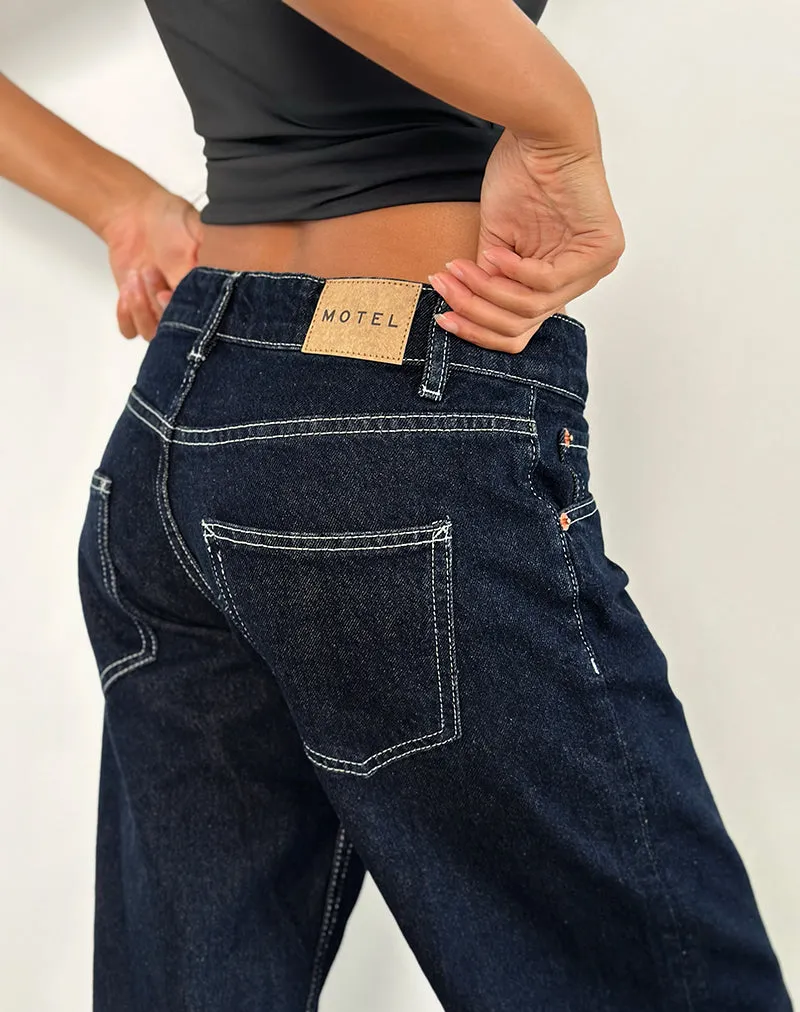 WrinkleResistantFabric Low Rise Parallel Jeans in Indigo with Contrast Stitch