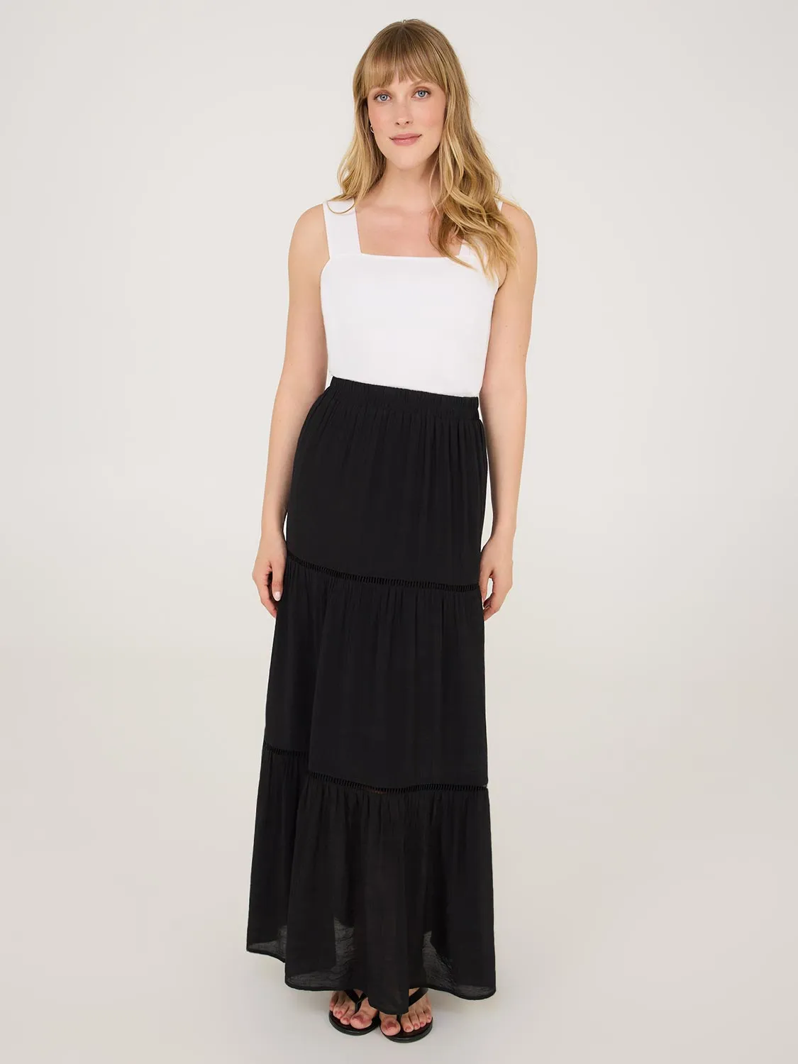 Trendy Style Lattice Crochet Trim Tiered Maxi Skirt