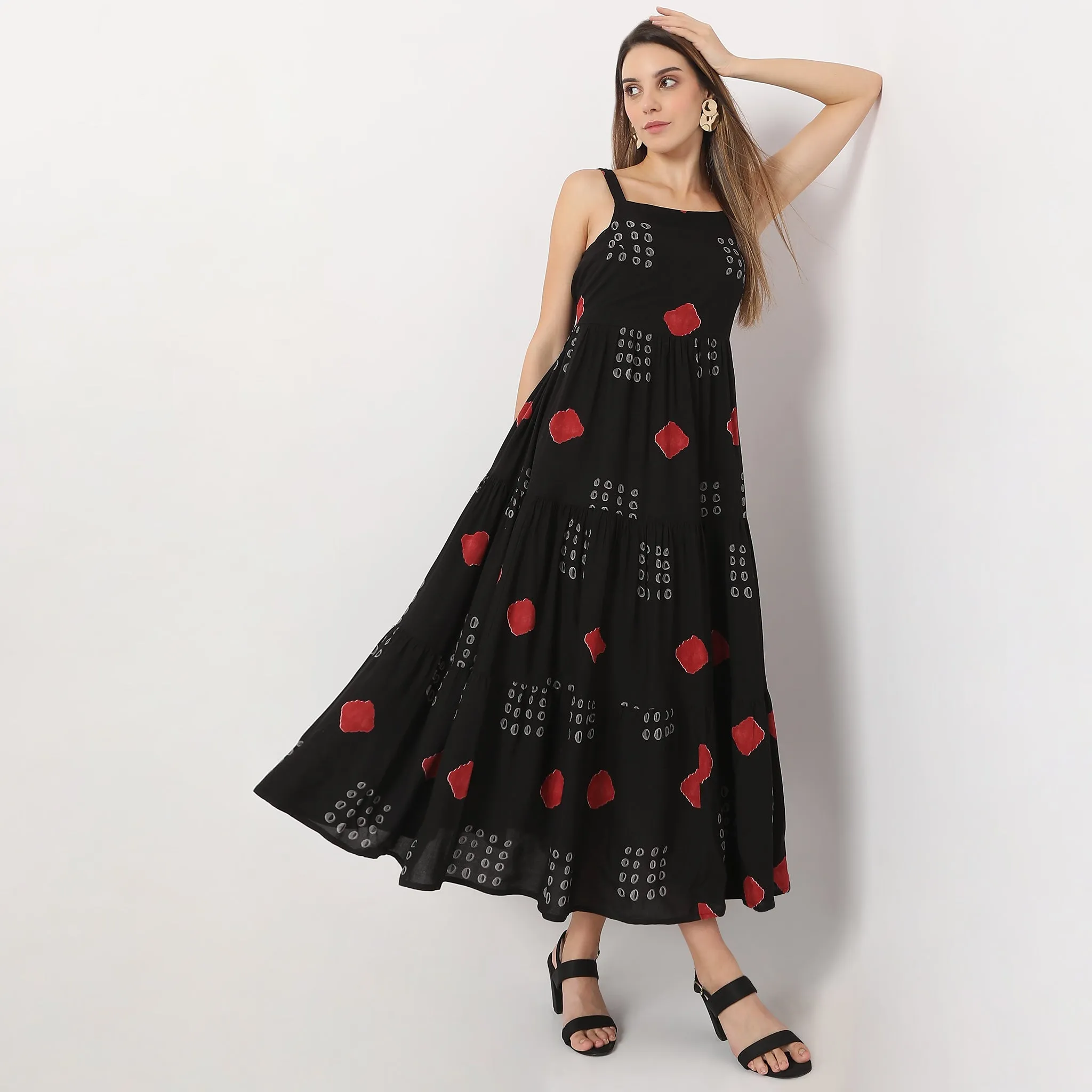 Flare Fit Printed Calf Length Square Neck Tiered Sleeveless Dress StretchPaneling Lightweight Material