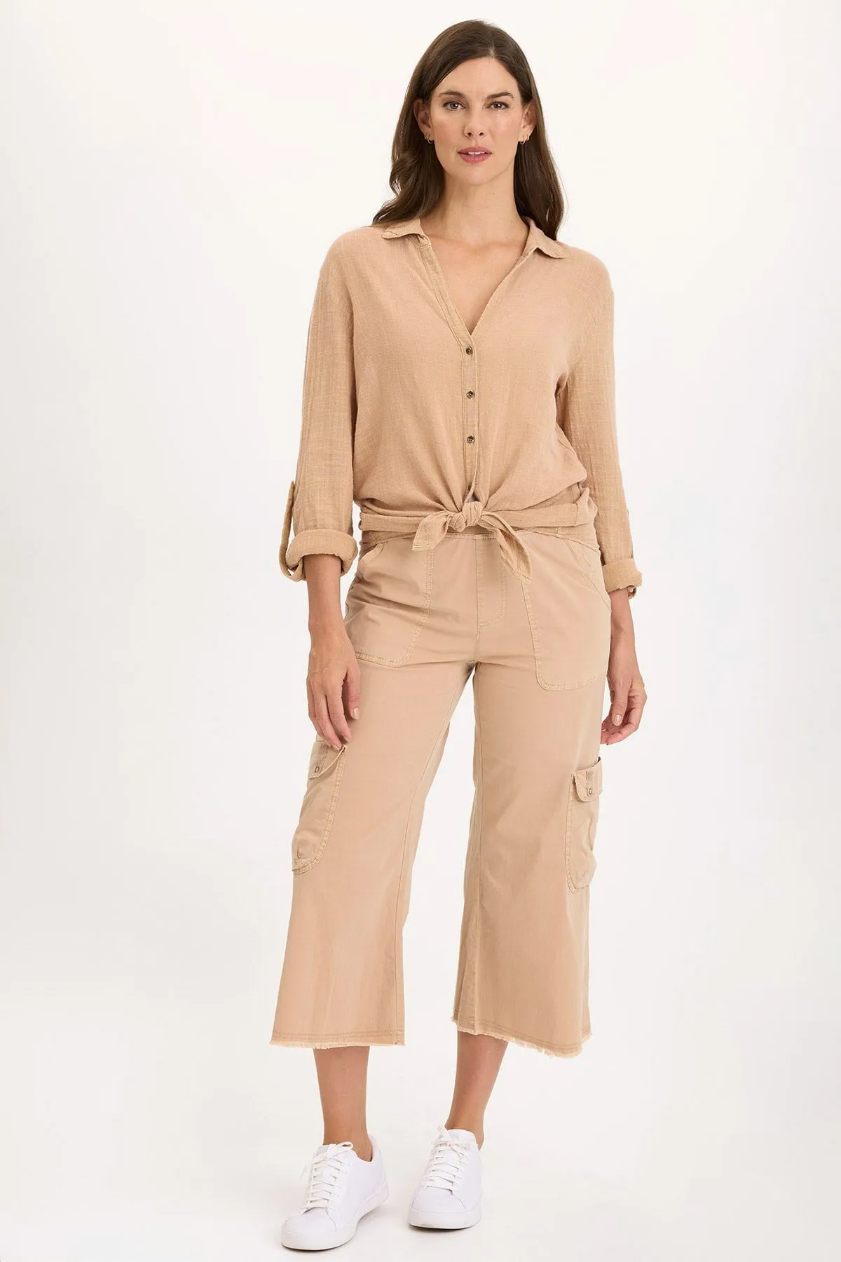 AntiPillingTechnology Porter Gauze Curved Hem Button-Up Top