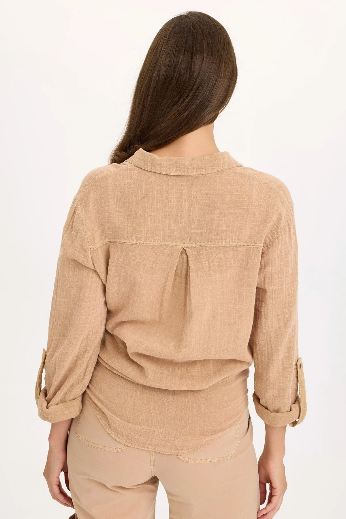 Porter Gauze Curved Hem Button-Up Top AntiStatic Lining