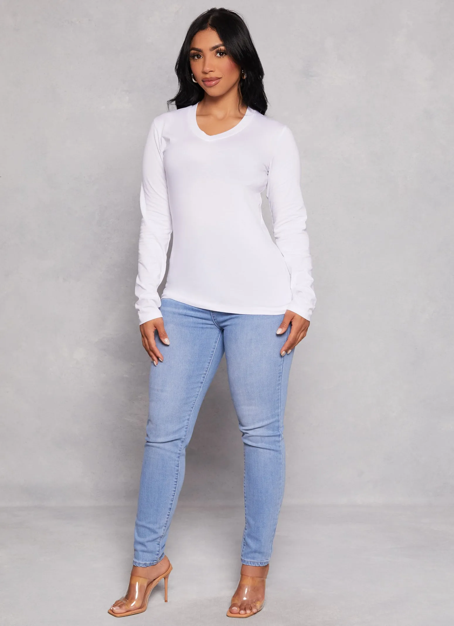 Washable Basic V Neck Long Sleeve Tee