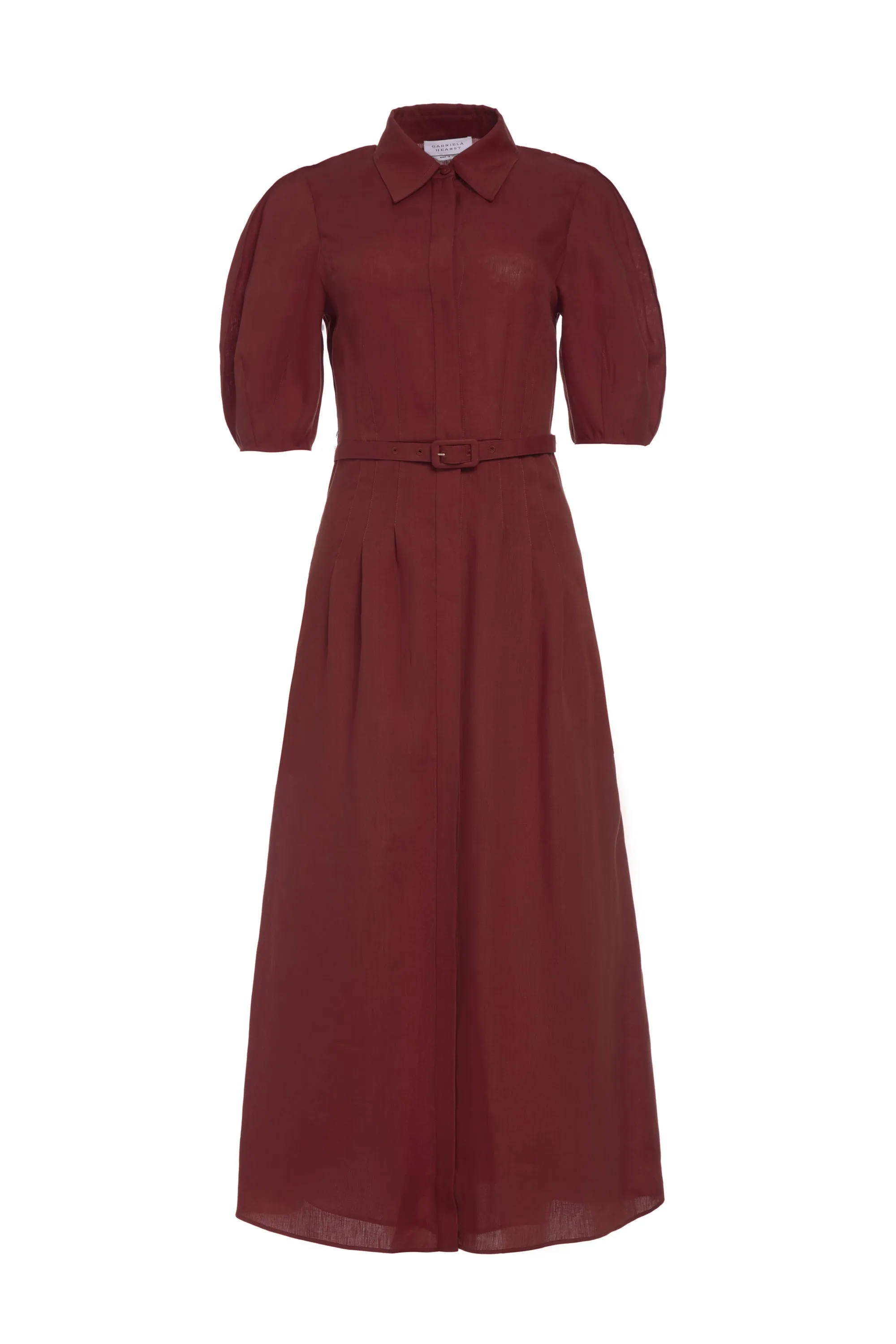 Maude Pleated Midi Shirtdress in Burnt Sienna Aloe Linen QuickReleaseFastener