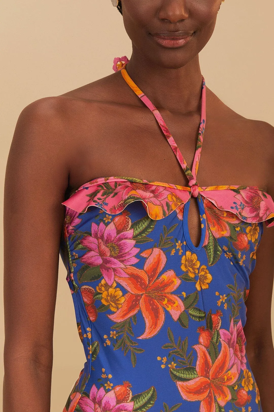 Quick Dry Lining Technology Quick Clip Closure System Blue Summer Fruit One-Piece Swimsuit
