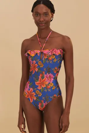 Quick Roll Packability Blue Summer Fruit One-Piece Swimsuit