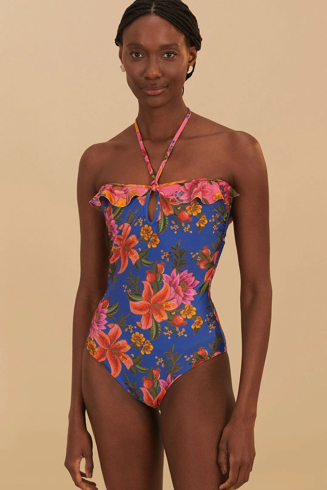 Quick Roll Packability Blue Summer Fruit One-Piece Swimsuit