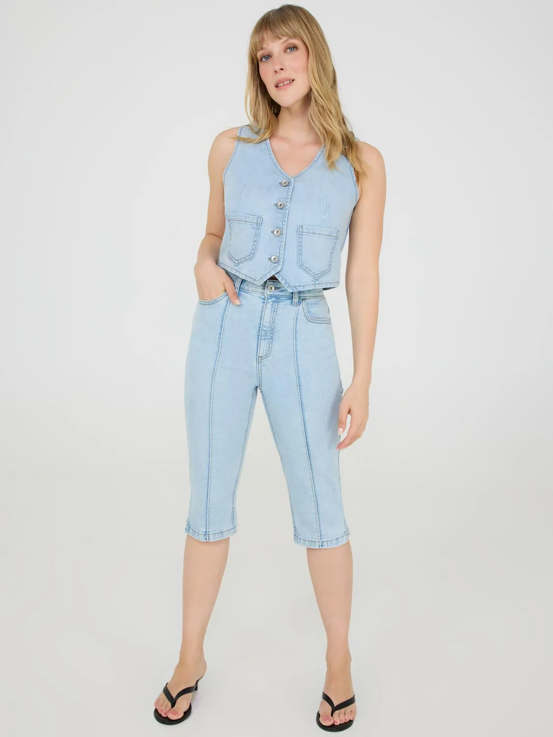 Eco Friendly Dye Timeless Edge Front Pintuck Denim Capri Pants