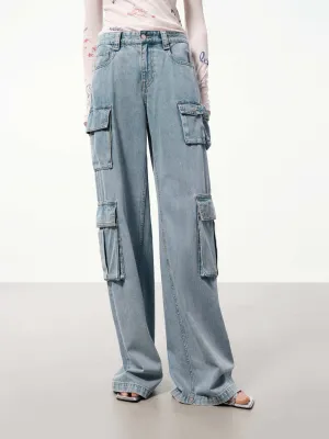 Cargo Style Straight Jeans No Gap Waistband Vibrant Bold Look Street Fashion