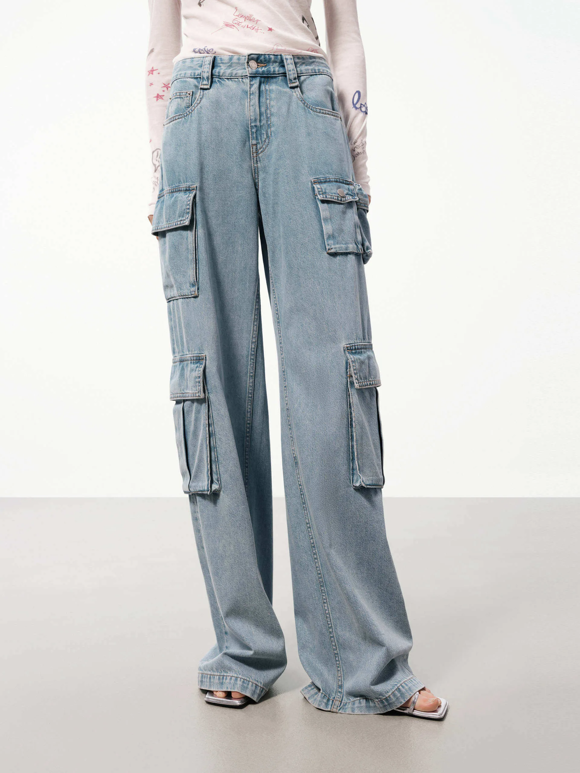 Cargo Style Straight Jeans No Gap Waistband Vibrant Bold Look Street Fashion