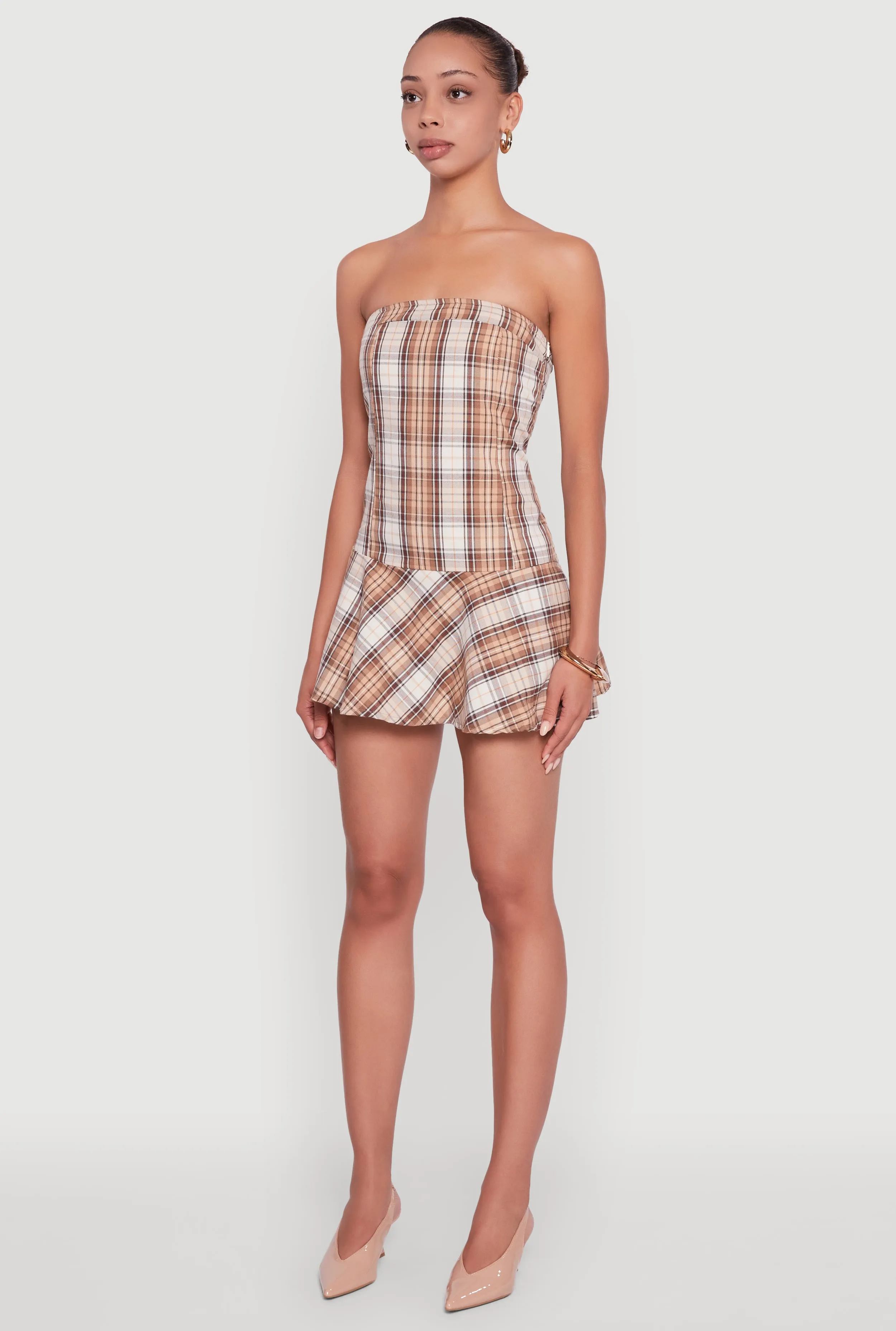 Night Rush Plaid Strapless Skater Dress