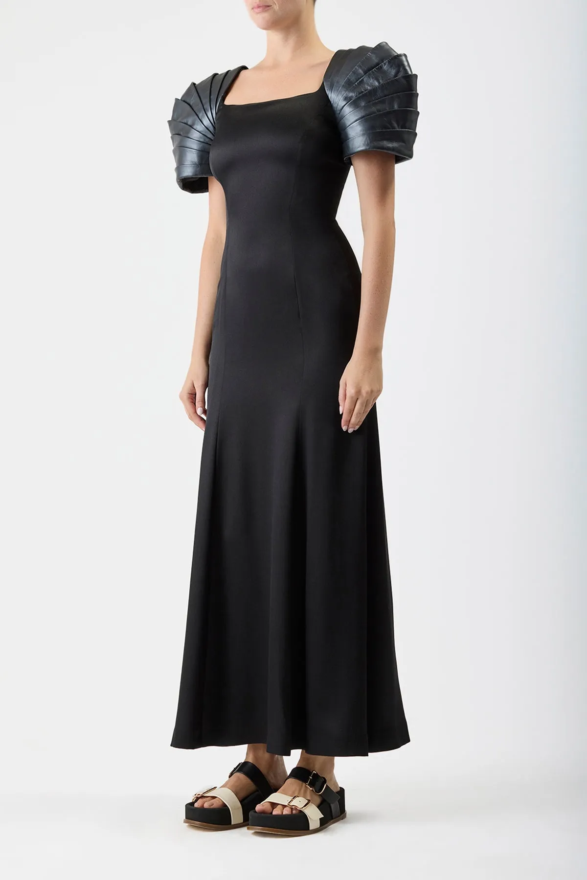 Duchess Maxi Dress in Black Silk Satin with Metallic Nappa Leather Shoulders Halo Glow QuickReleaseClosures