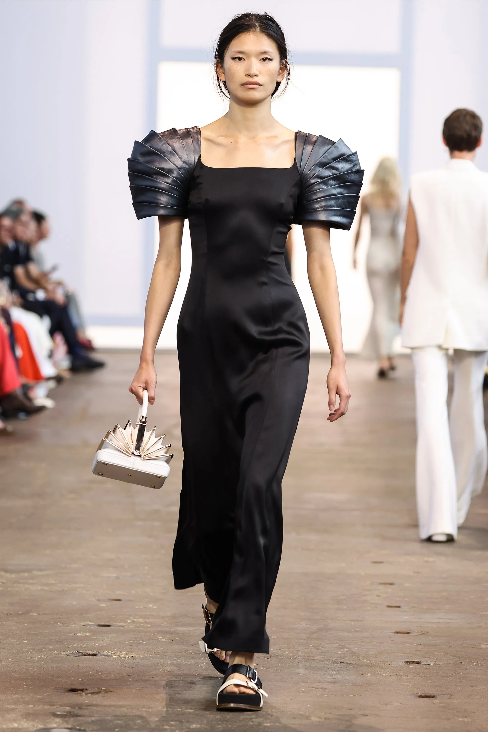 TemperatureControlTechnology Duchess Maxi Dress in Black Silk Satin with Metallic Nappa Leather Shoulders