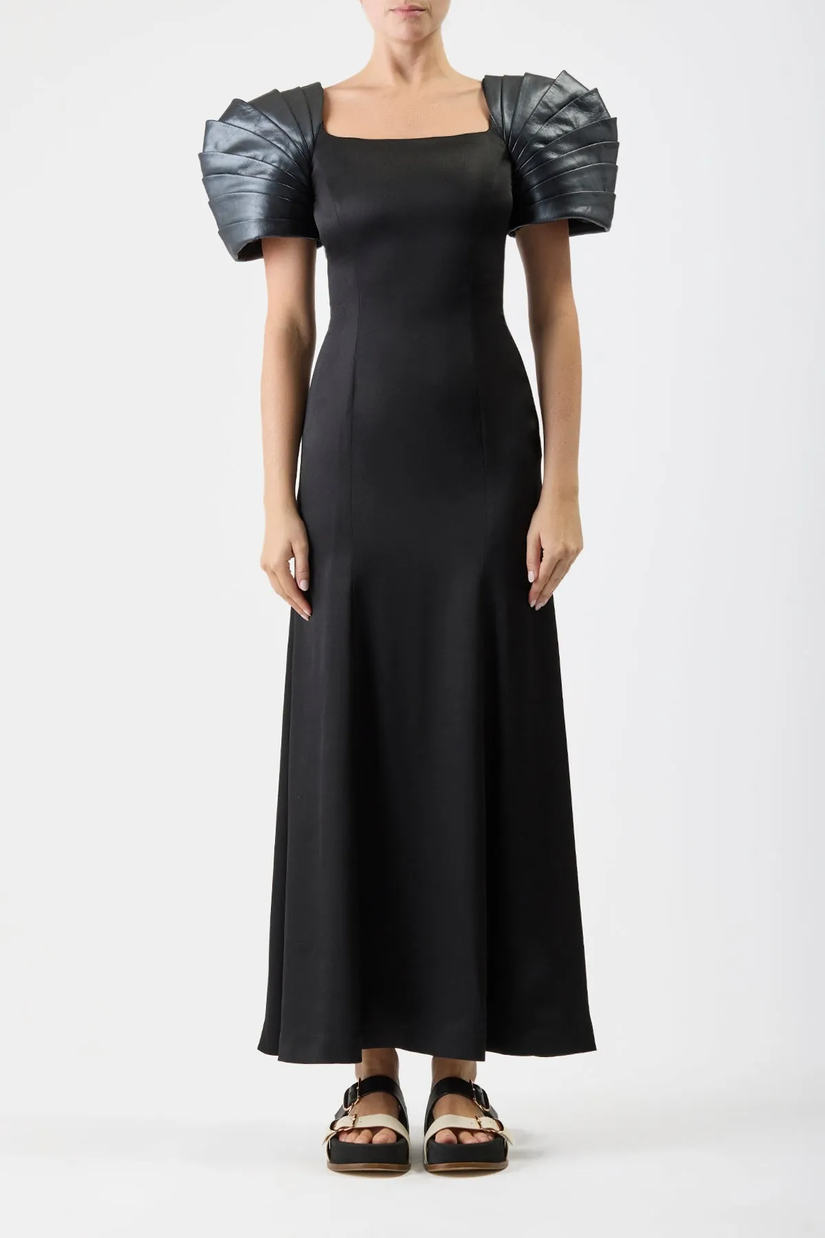 Epic Glow Duchess Maxi Dress in Black Silk Satin with Metallic Nappa Leather Shoulders