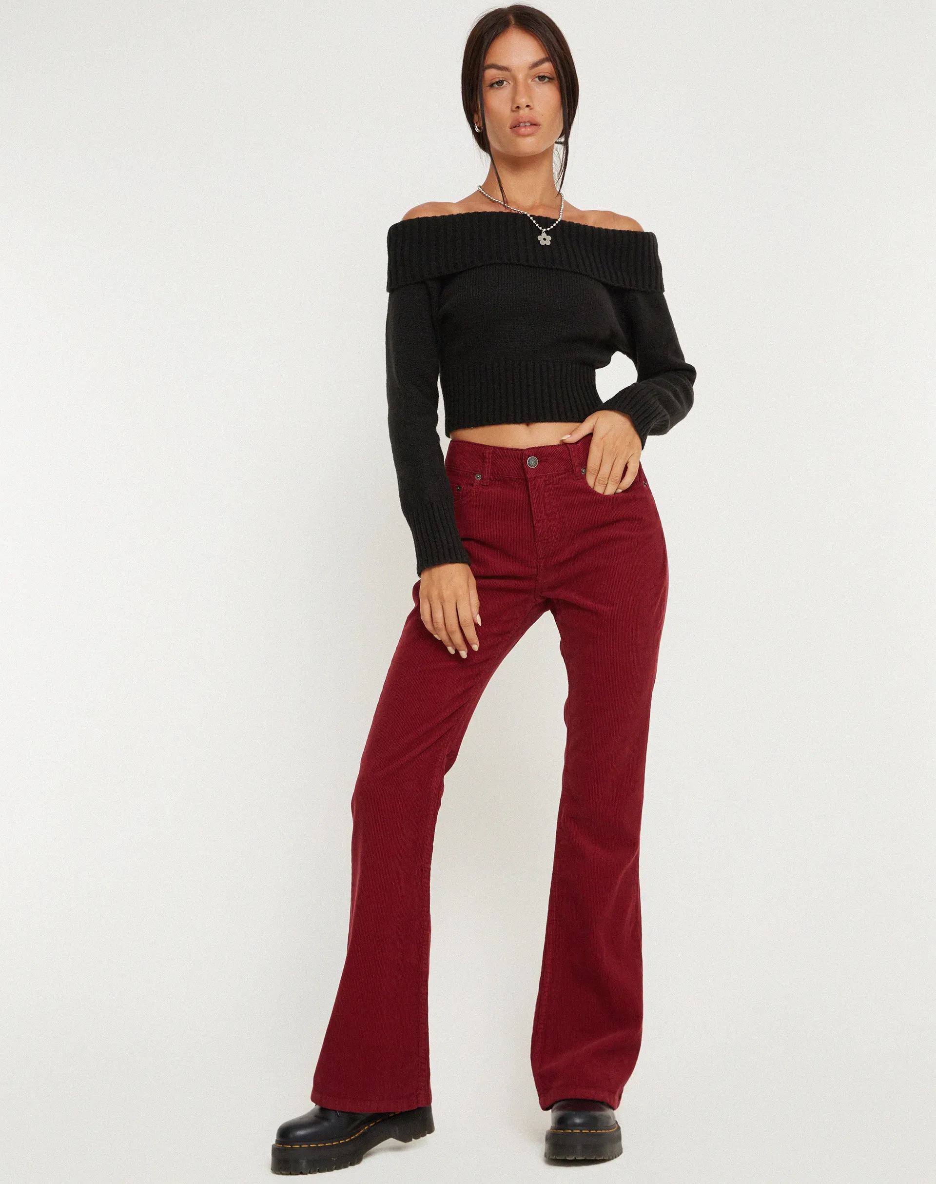 TaglessNeckline Low Rise Bootleg Jeans in Cord Maroon