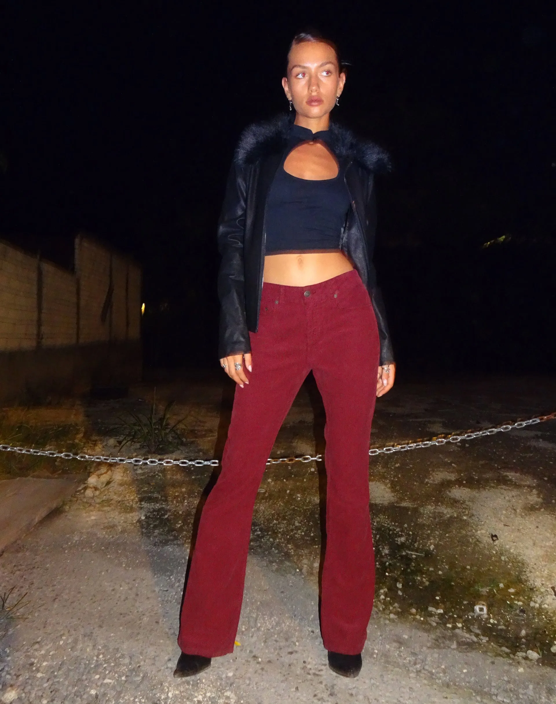 Low Rise Bootleg Jeans in Cord Maroon Leather Core AntiPillFinish