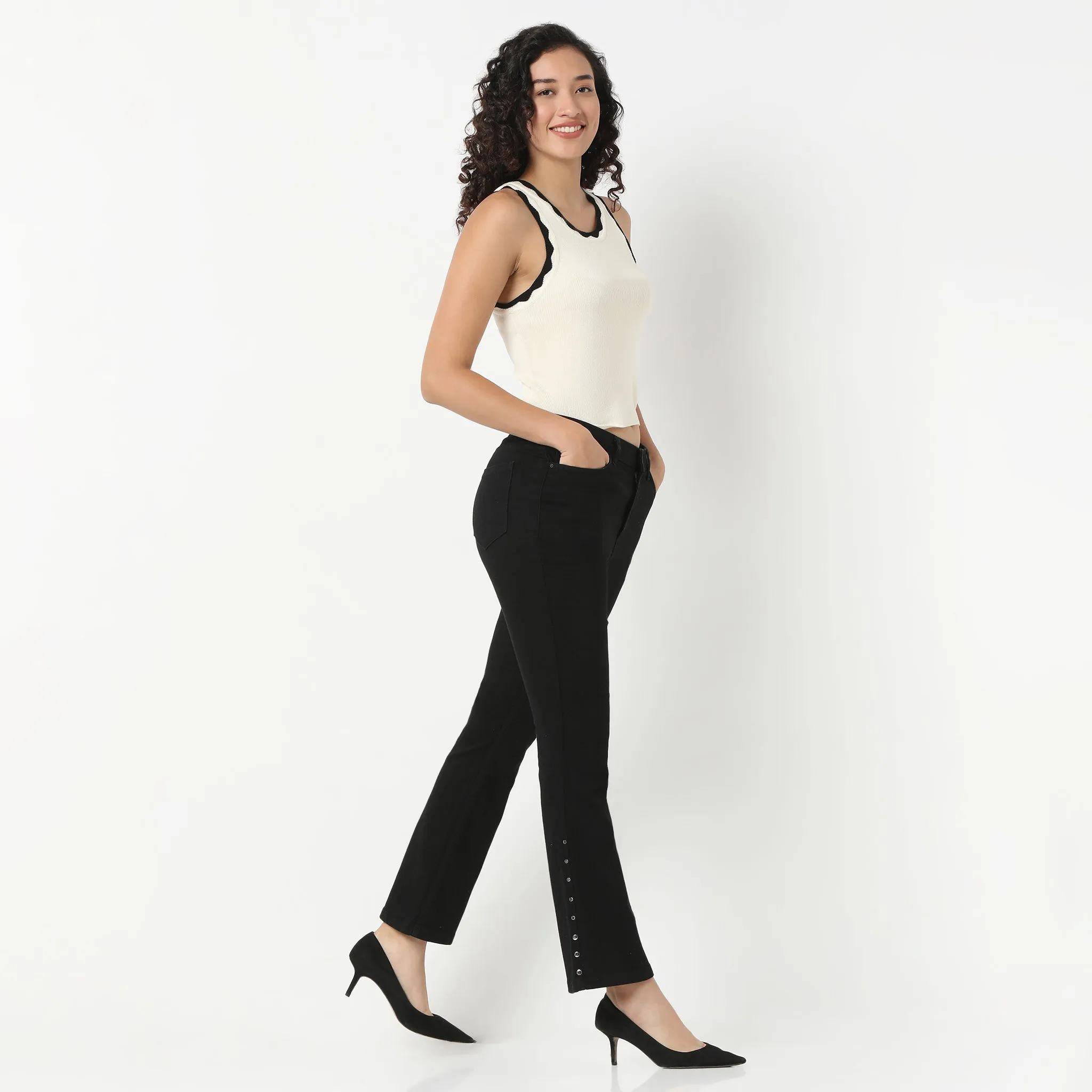 Black Denim Bootcut With Bottom Peral Look EasyAdjustStraps Weekend Look