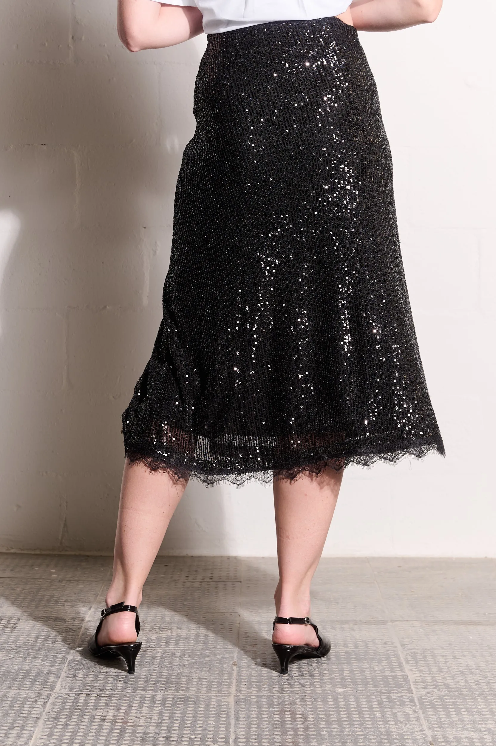 Office Appropriate Sequin Skirt with Lace in Black