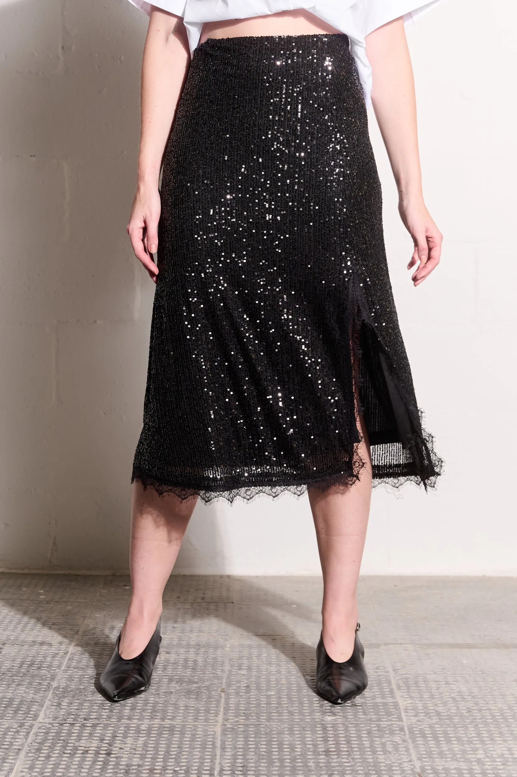 Sequin Skirt with Lace in Black Travel Friendly