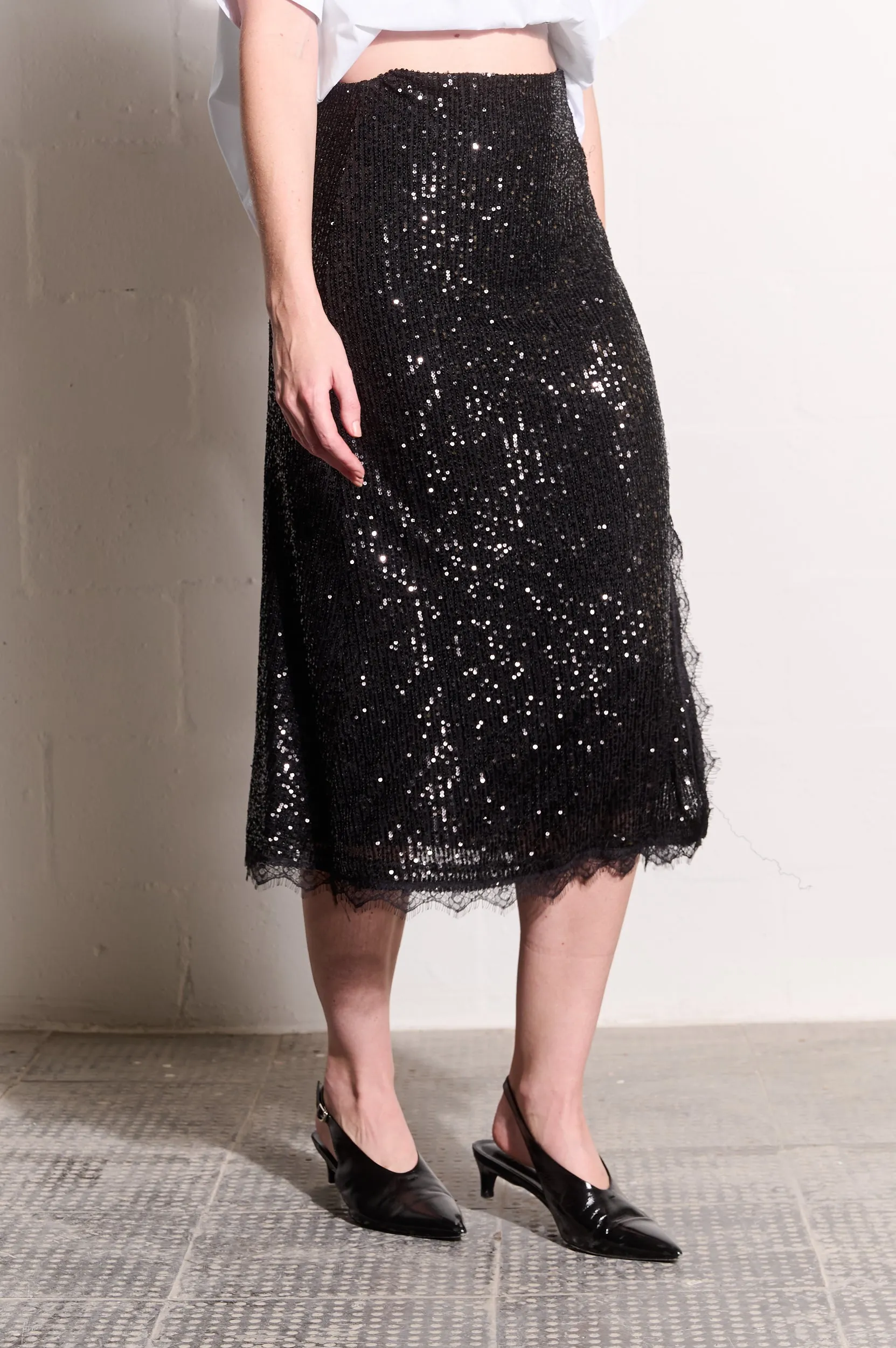 Sequin Skirt with Lace in Black Easy Fit perforated design