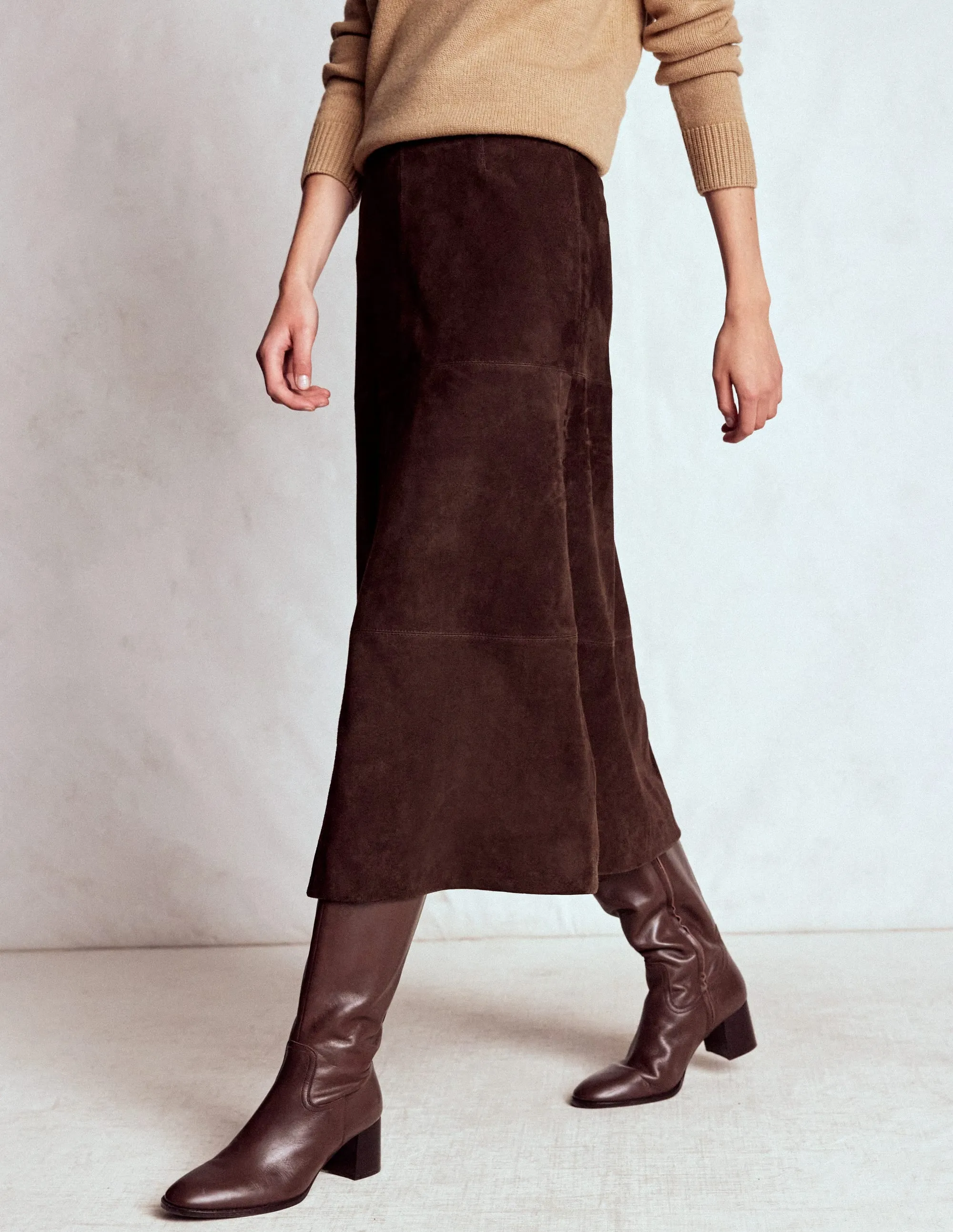 Structured Shape Suede Midi Skirt-Dark Chocolate
