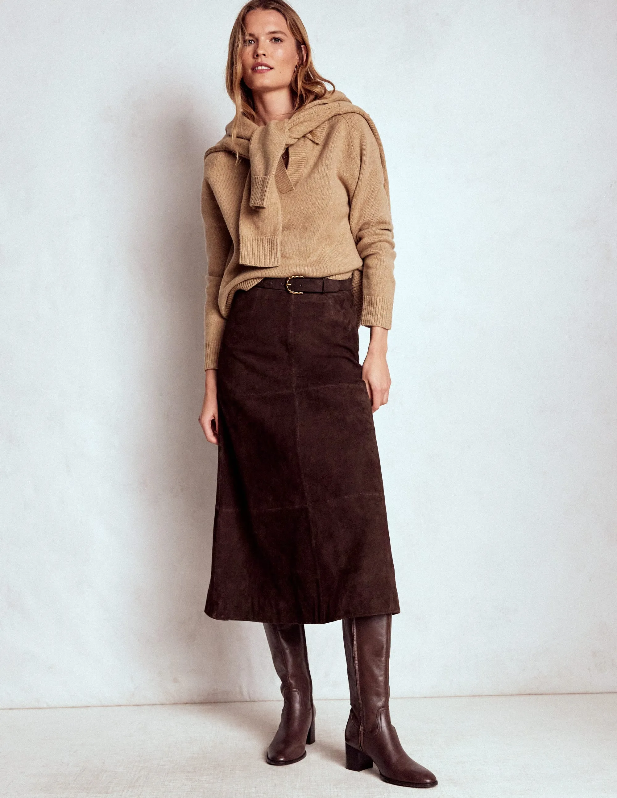 Suede Midi Skirt-Dark Chocolate Adjustable Hem Striped Design