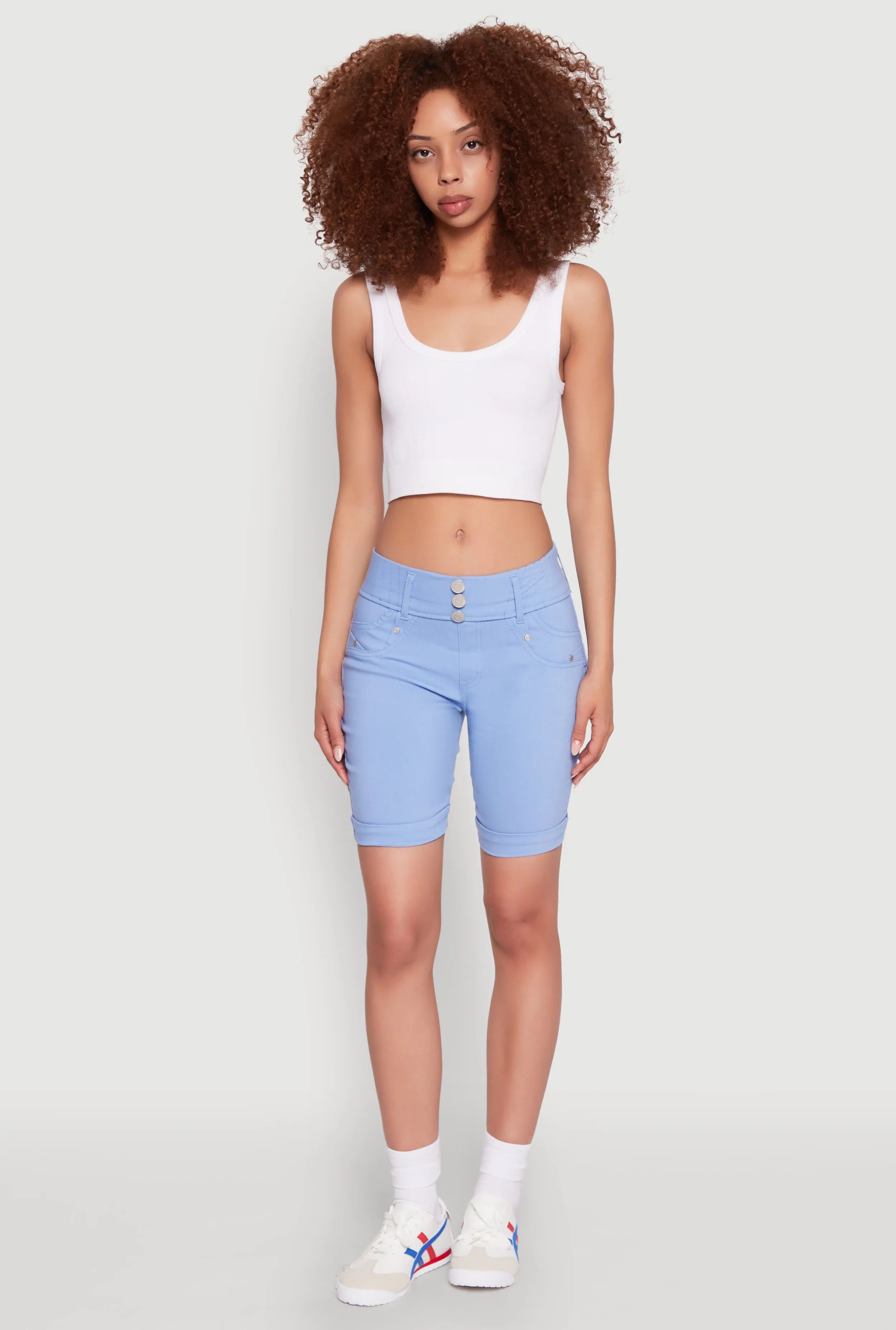 Printed design Hyper Stretch Faux Button Bermuda Shorts