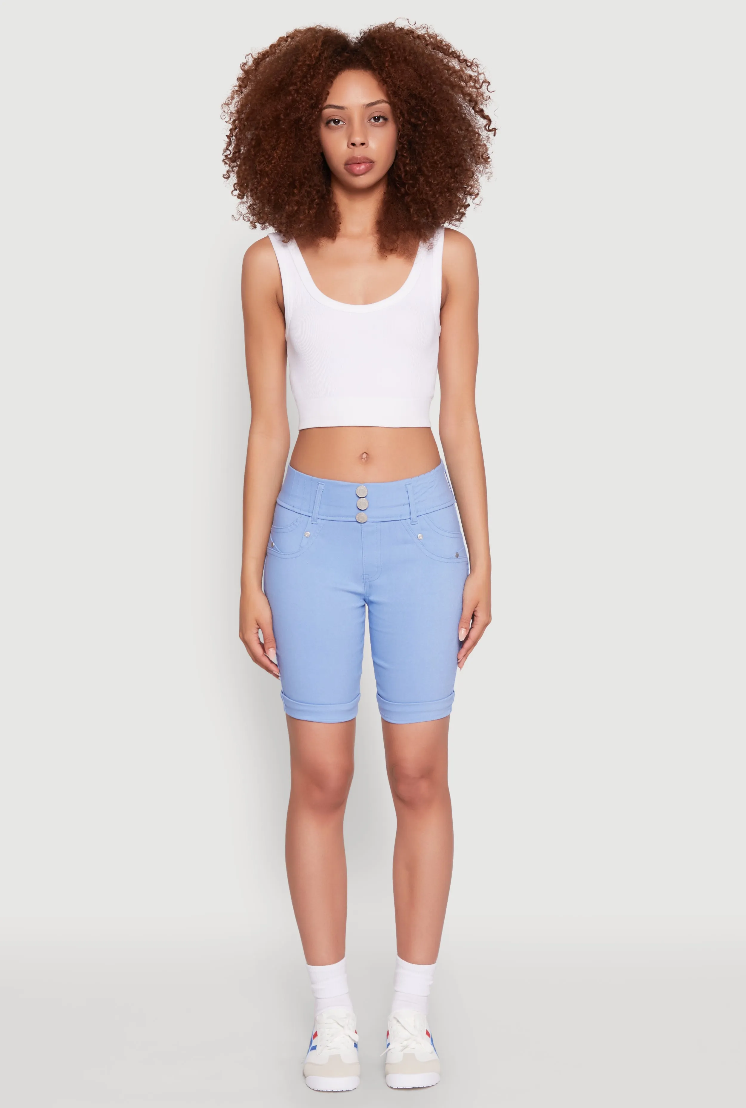 mix and match Laser Cut Perforations Hyper Stretch Faux Button Bermuda Shorts